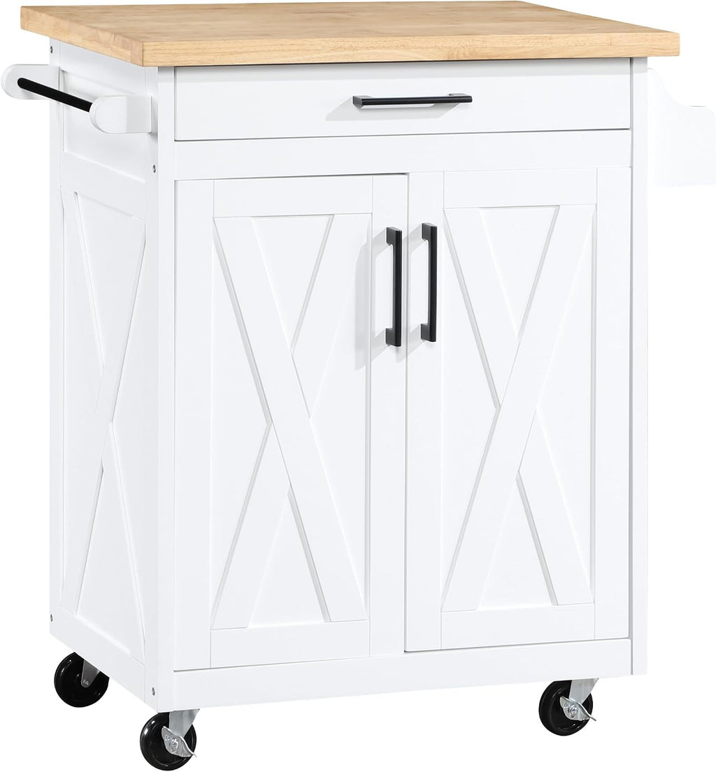 White Farm Style Rolling Kitchen Cart