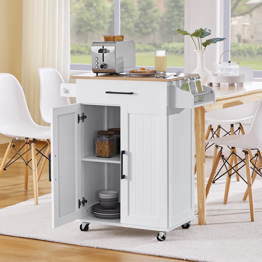 White Wood Top Rolling Kitchen Cart