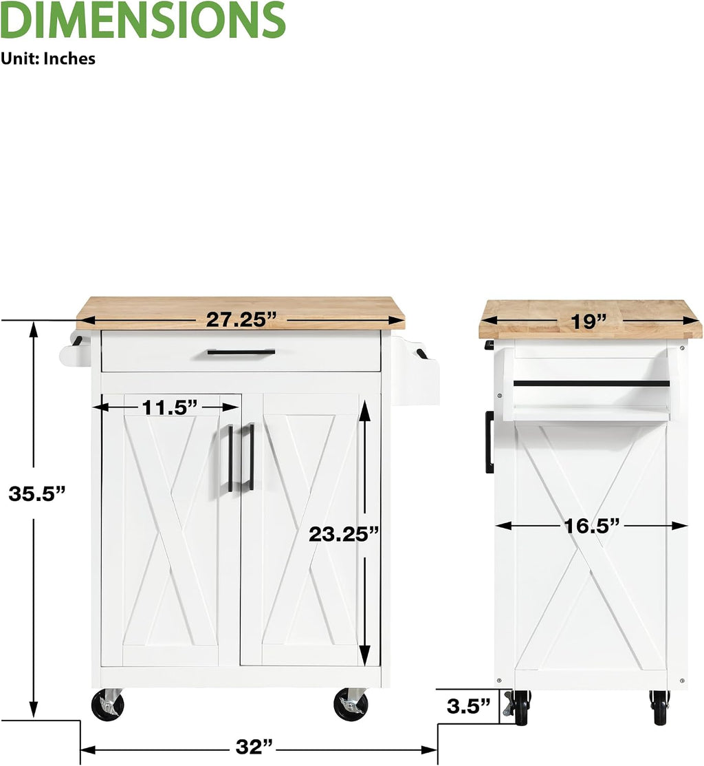 White Farm Style Rolling Kitchen Cart
