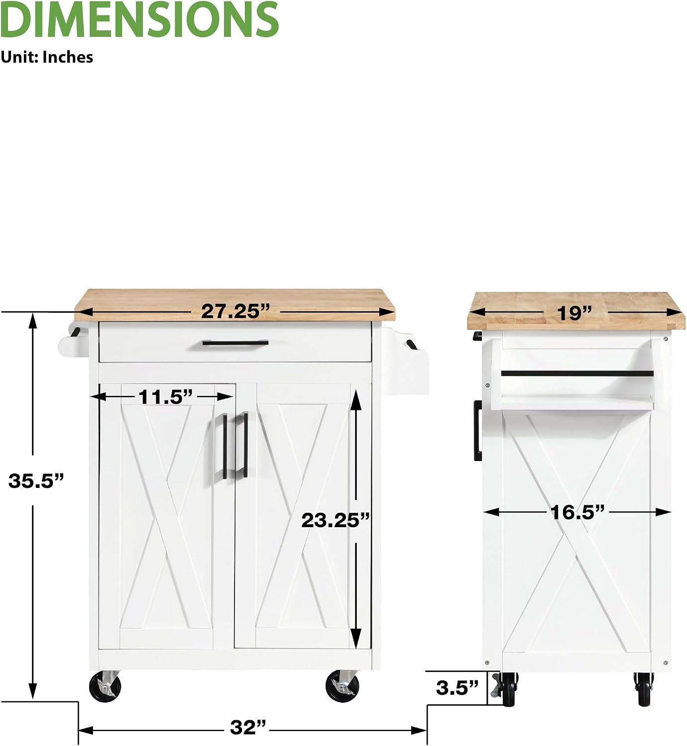 White Farm Style Rolling Kitchen Cart
