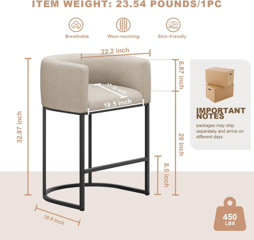 Three Beige Linen Barrel Counter Stools