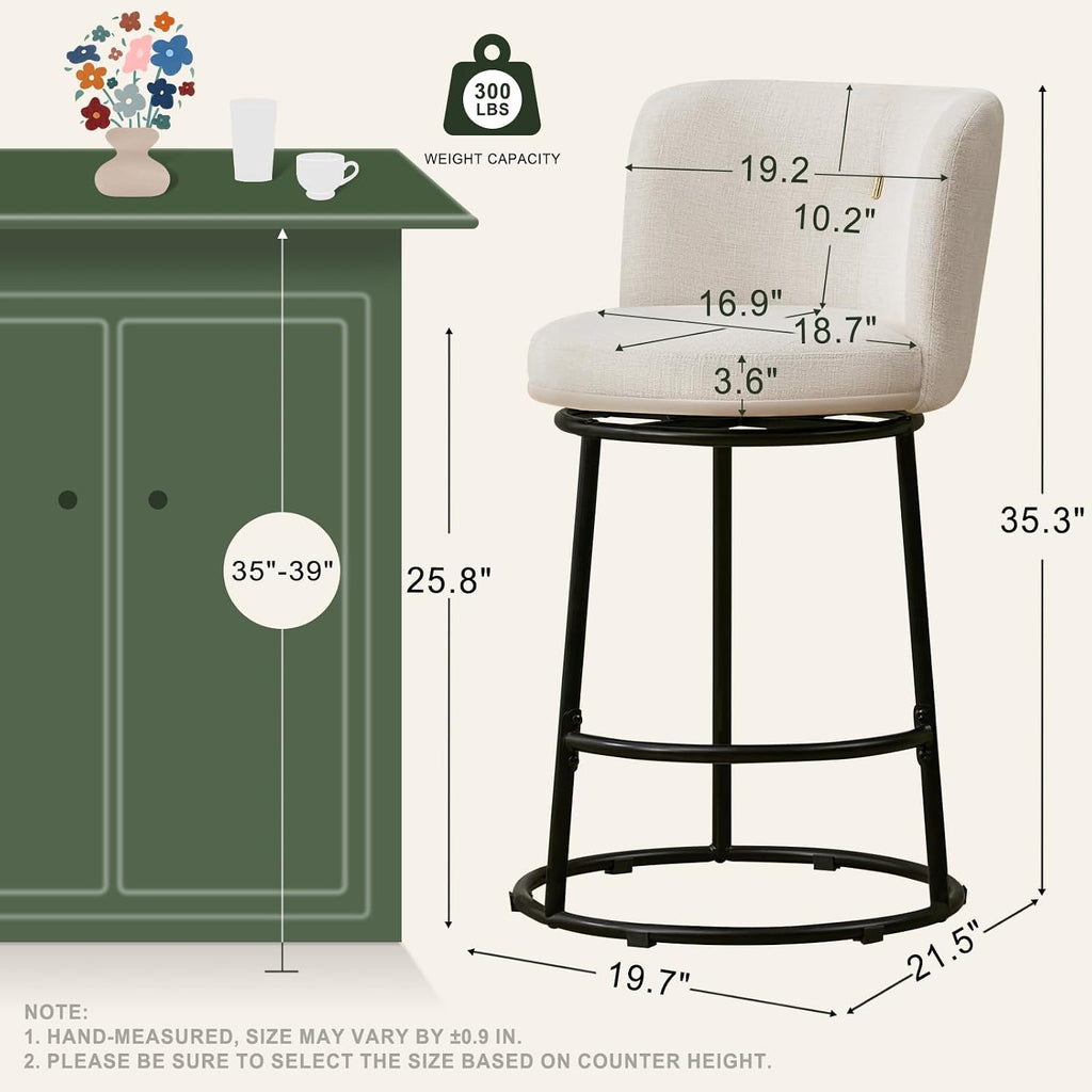 Three Beige Fabric Swivel Counter Stools