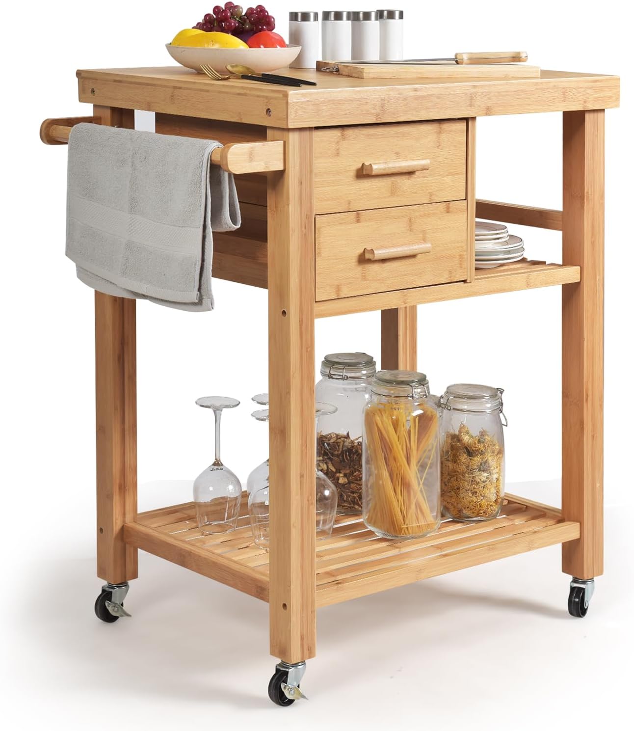 Bamboo Block Top Rolling Kitchen Cart