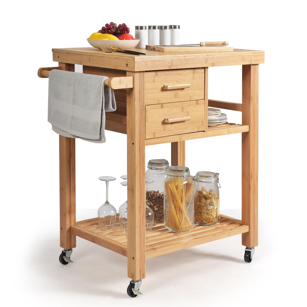 Bamboo Rolling Block Top Kitchen Cart