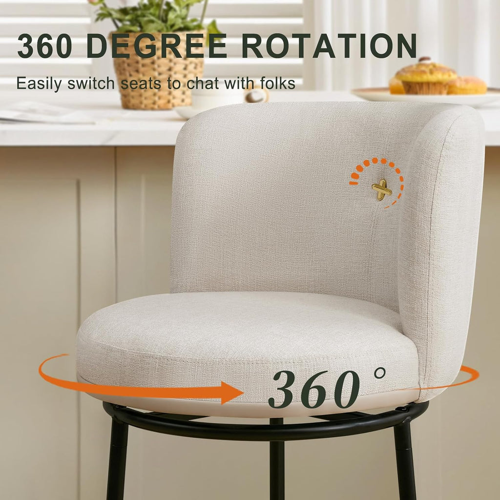 Three Beige Fabric Swivel Counter Stools