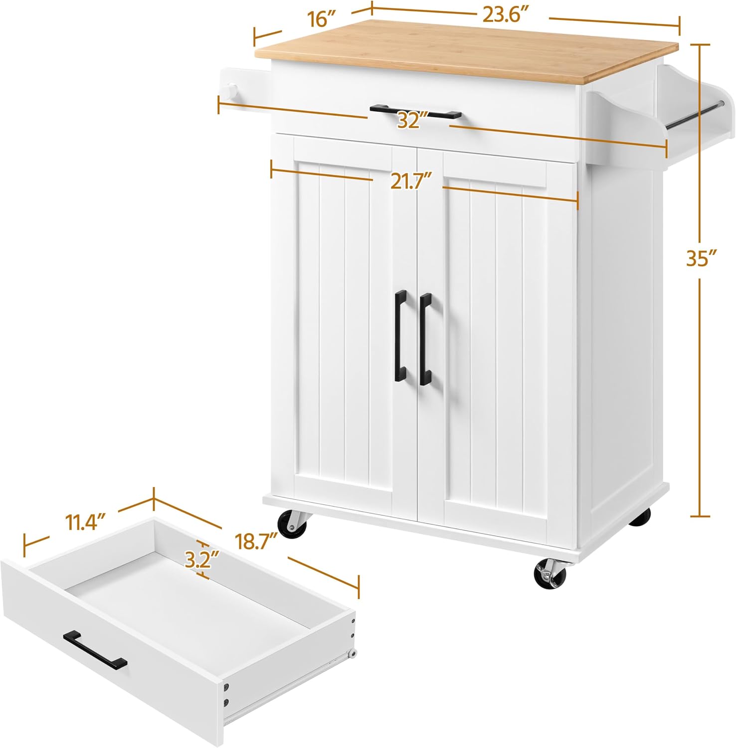 White Wood Top Rolling Kitchen Cart