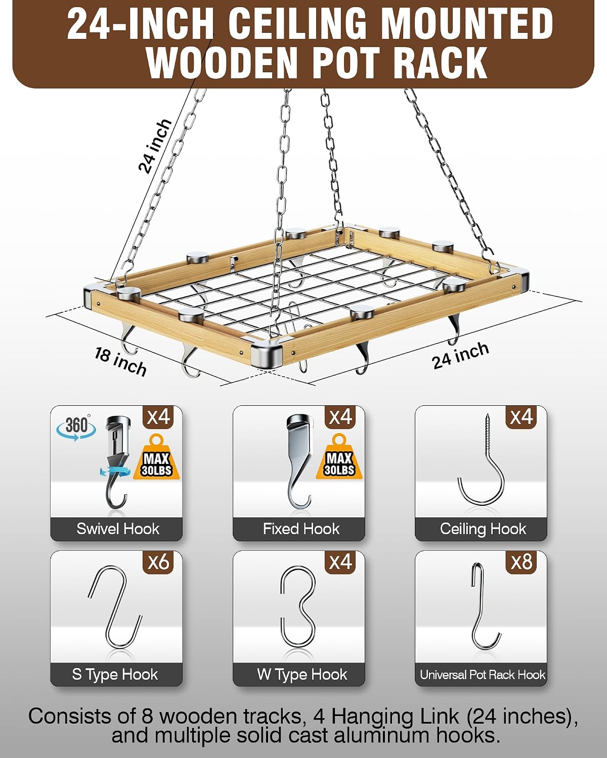 Wooden Ceiling Cookware Hanging Rack