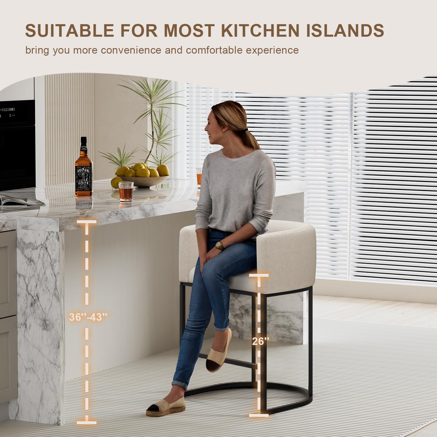 Two Beige Linen Barrel Counter Stools