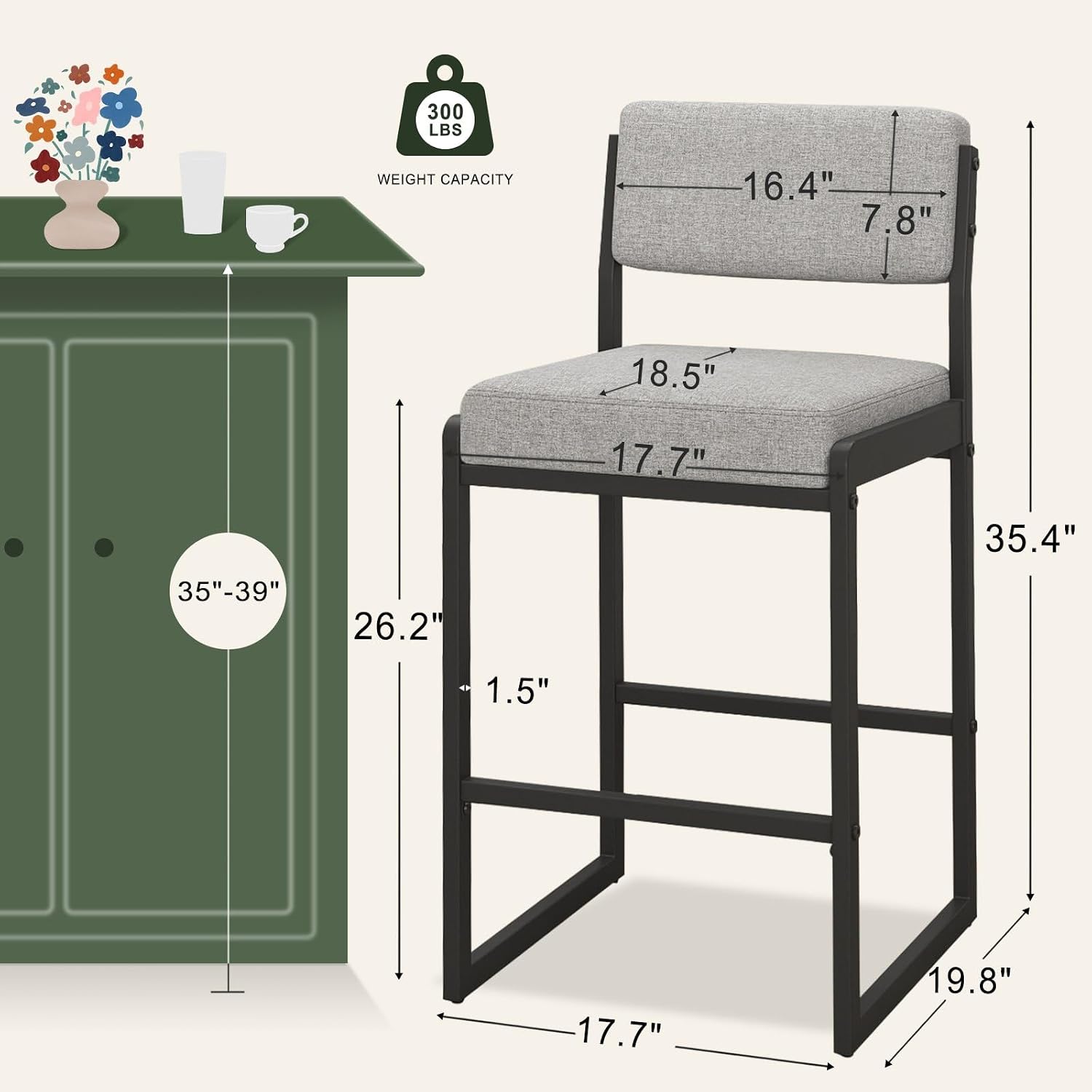 Two Light Grey Fabric Counter Bar Stools