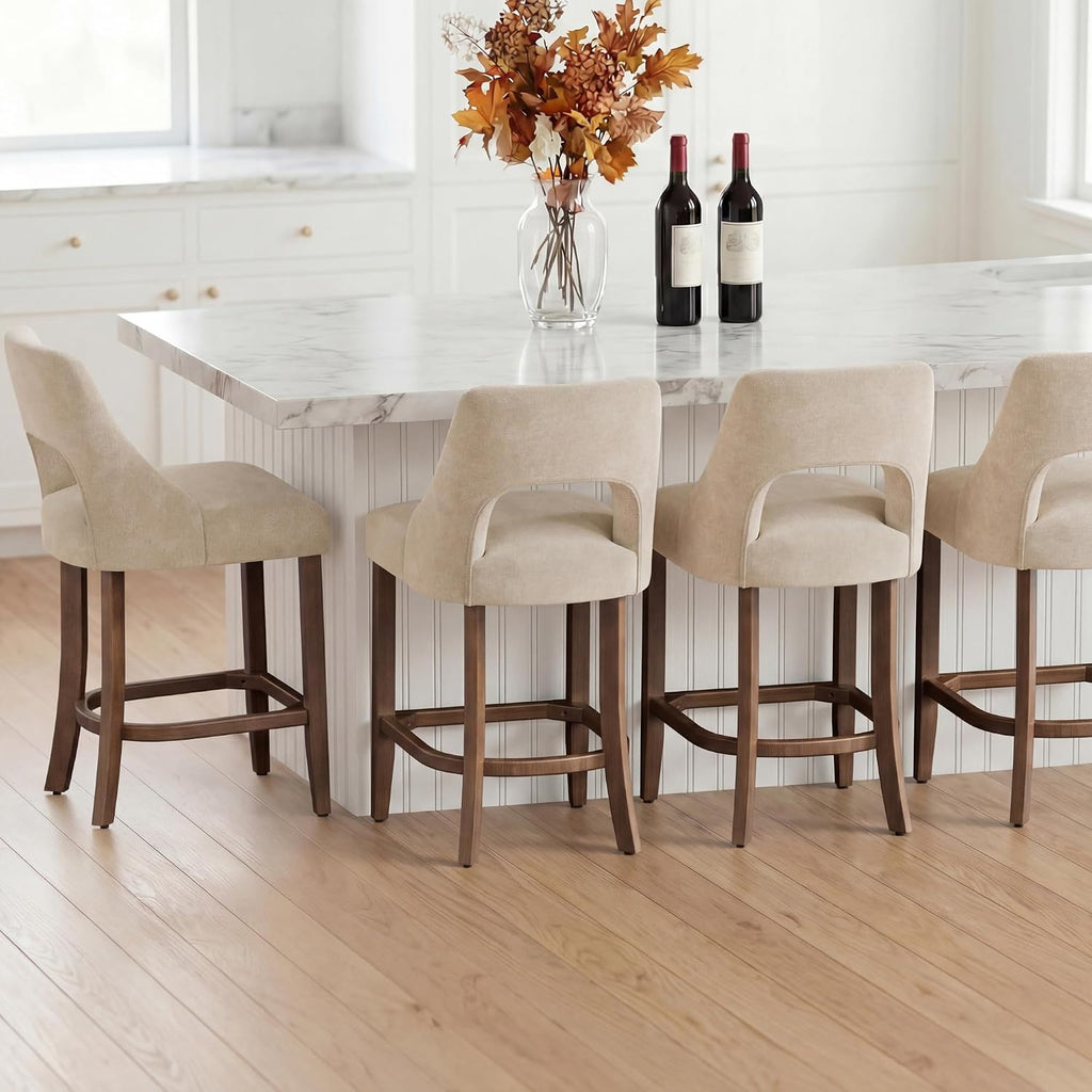 Four Beige Wood Leg Upholstered Bar Stools