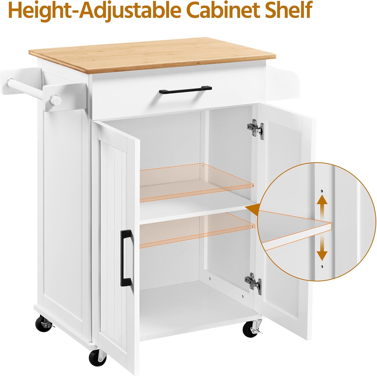 White Wood Top Rolling Kitchen Cart