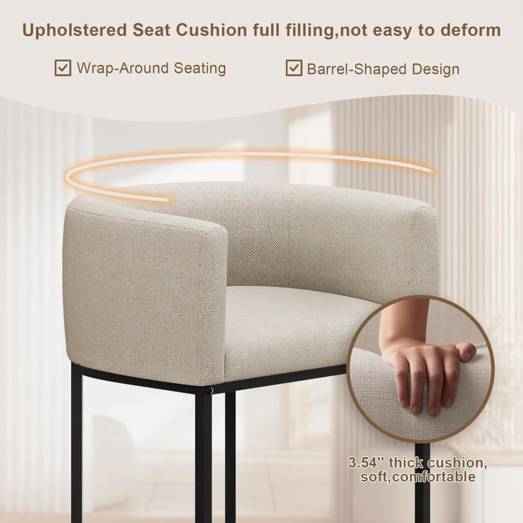 Three Beige Linen Barrel Counter Stools