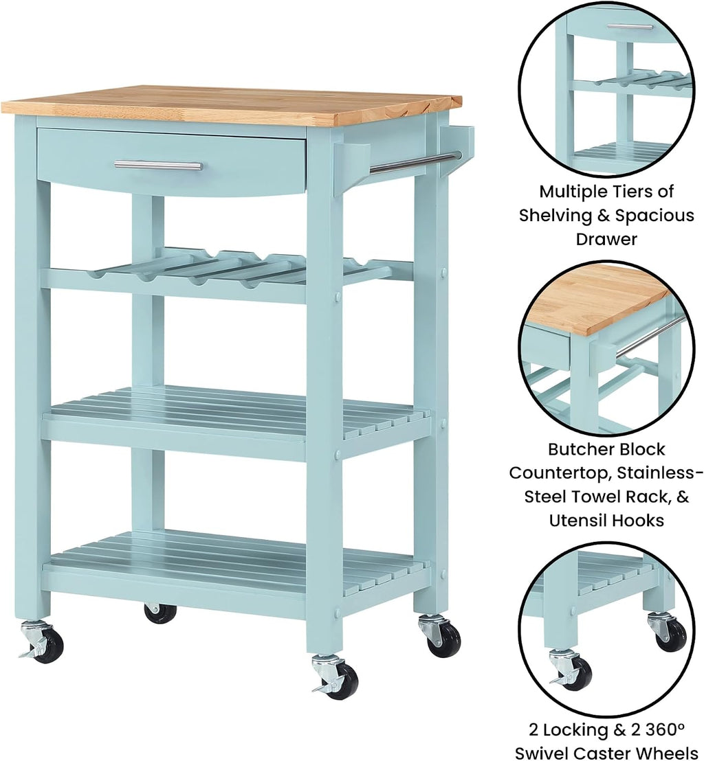 Seafoam Block Top Rolling Kitchen Cart