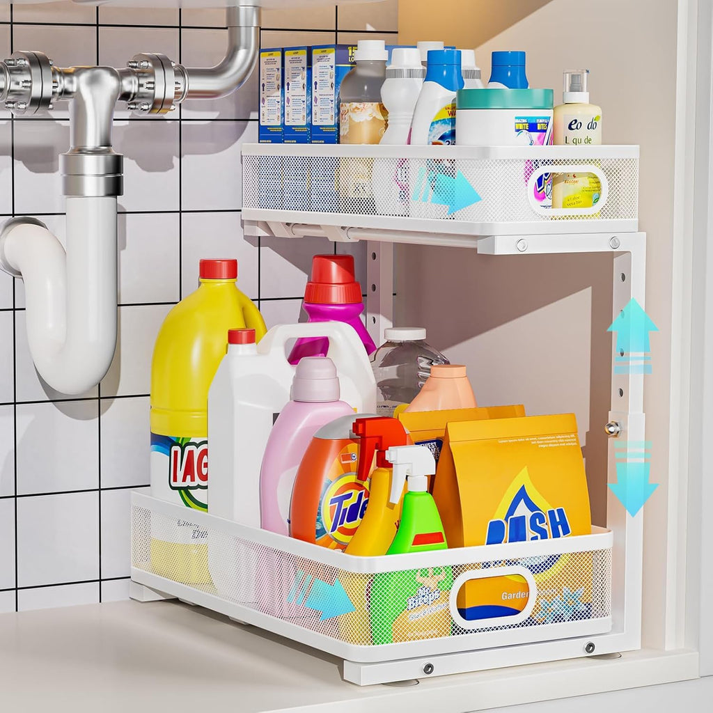 White Two-Tier Adjustable Sliding Storage Rack