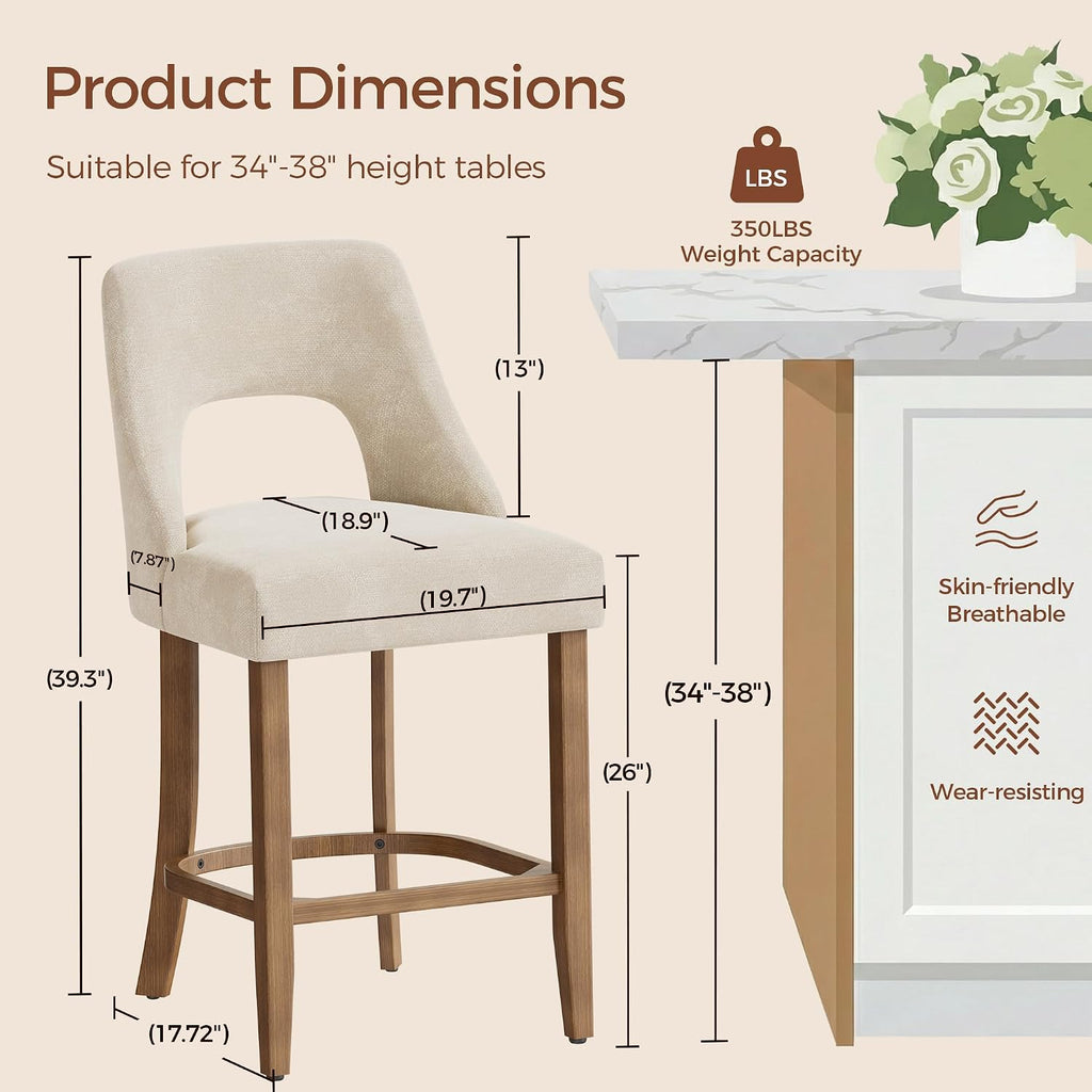 Four Beige Wood Leg Upholstered Bar Stools