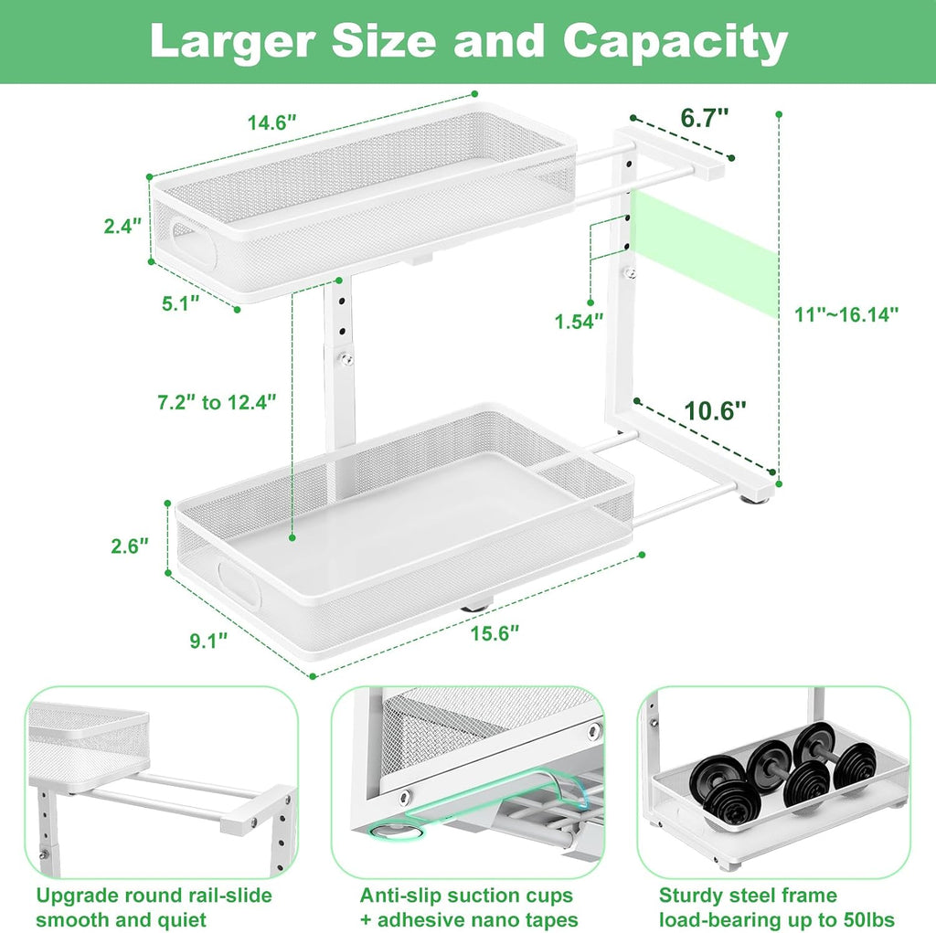 White Two-Tier Adjustable Sliding Storage Rack