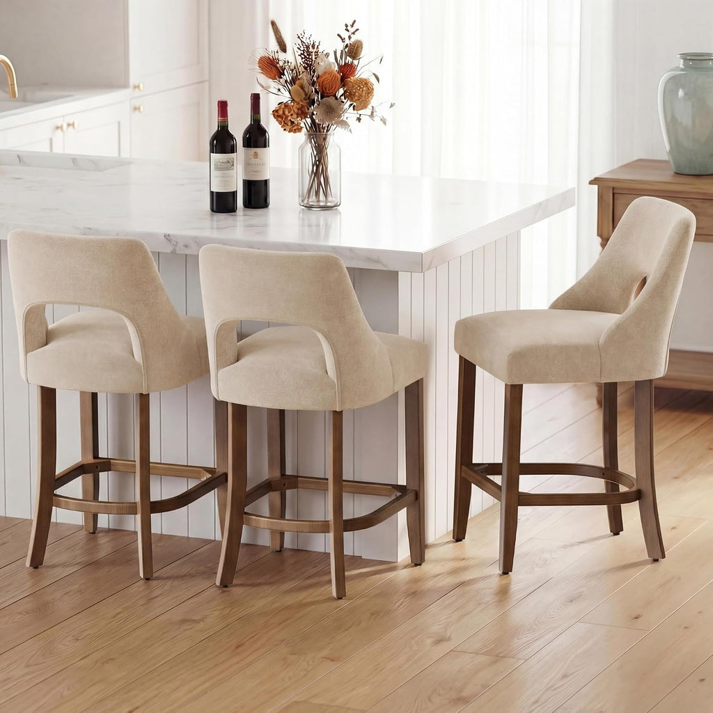 Four Beige Wood Leg Upholstered Bar Stools