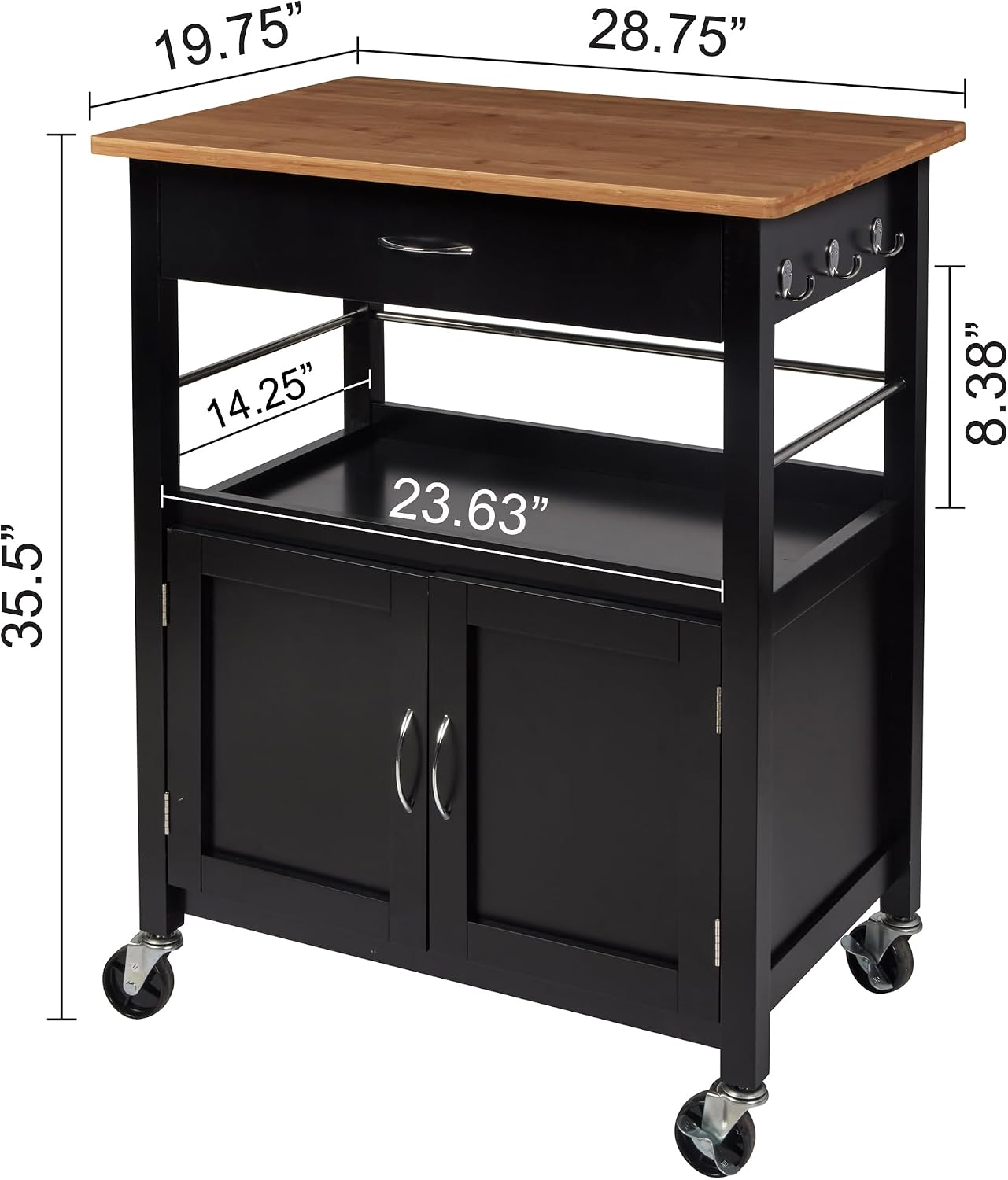 Black Base Bamboo Top Rolling Cart