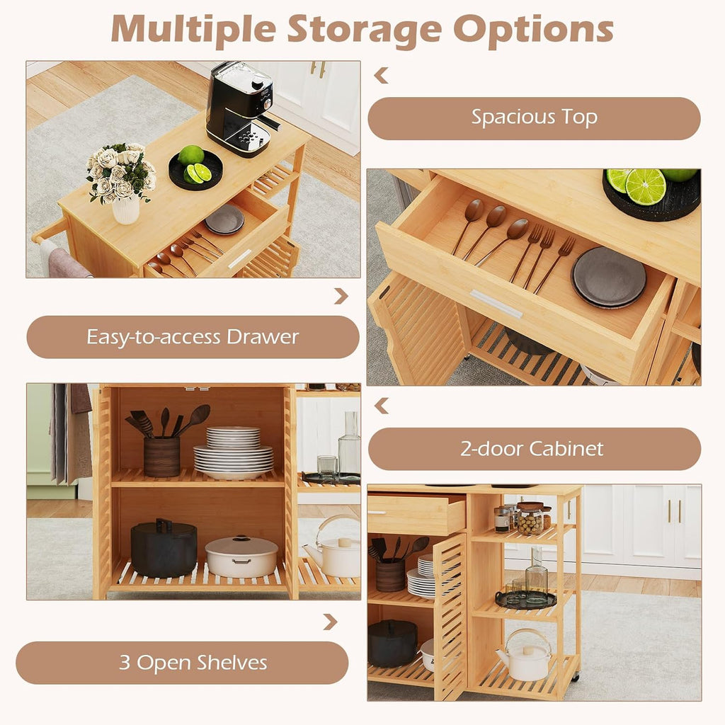 Bamboo Rolling Block Top Kitchen Cart