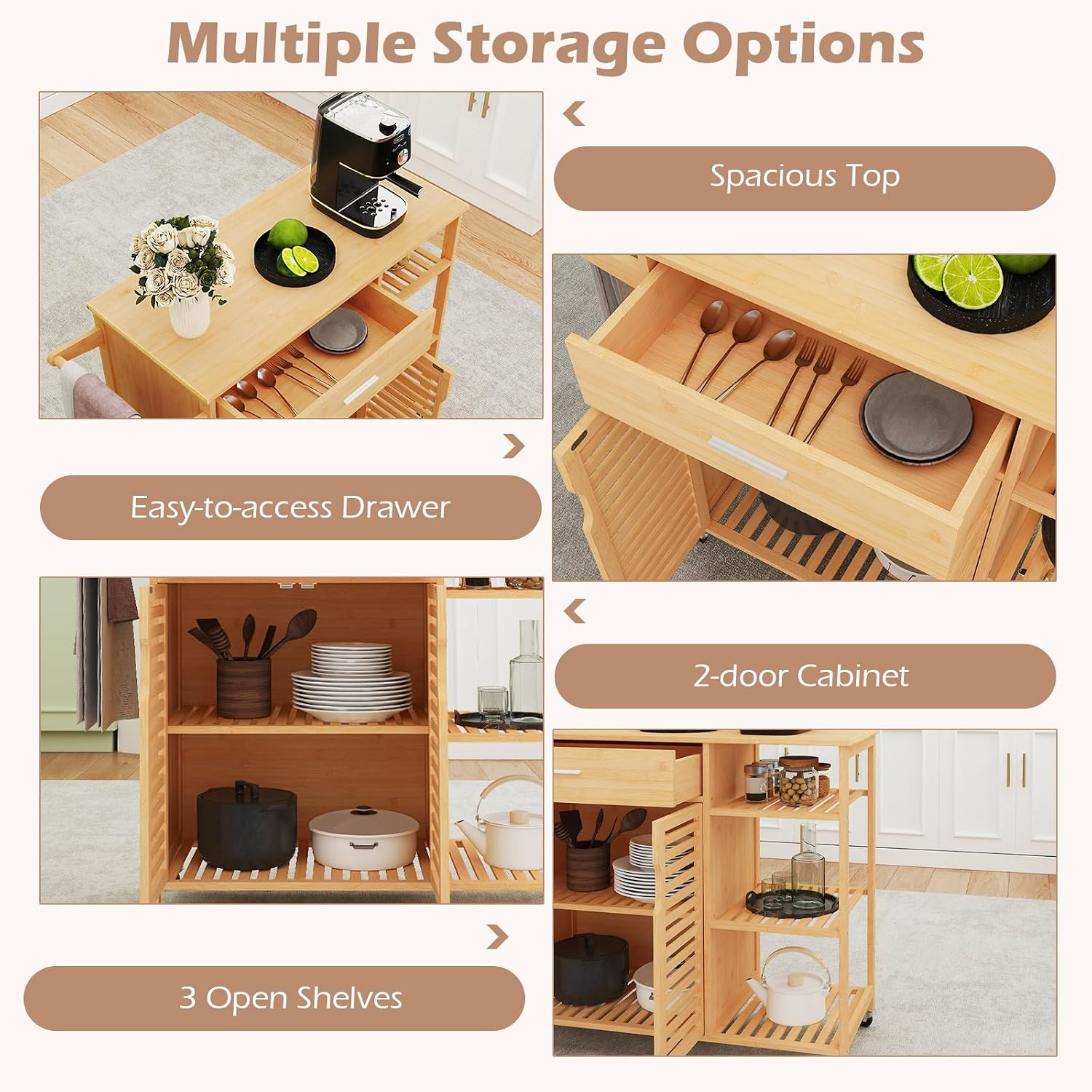 Bamboo Rolling Block Top Kitchen Cart