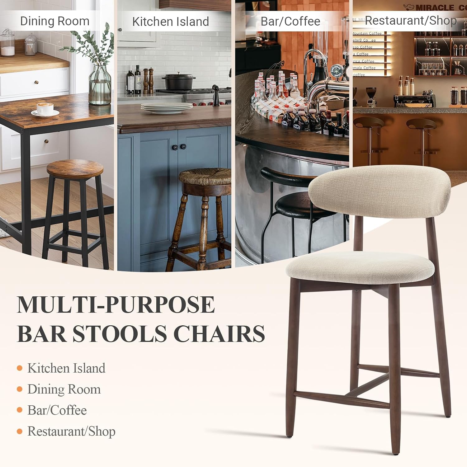 Beige Backrest Counter Height Bar Stools