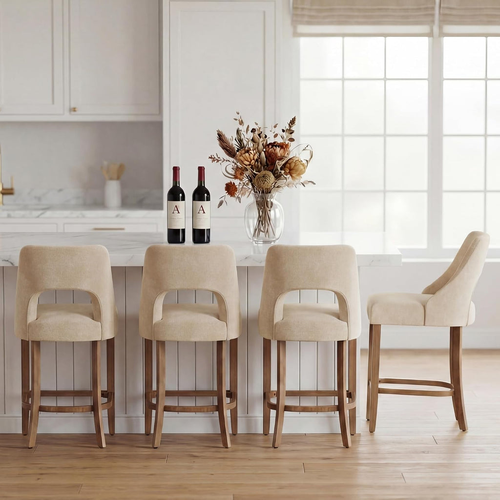 Four Beige Wood Leg Upholstered Bar Stools