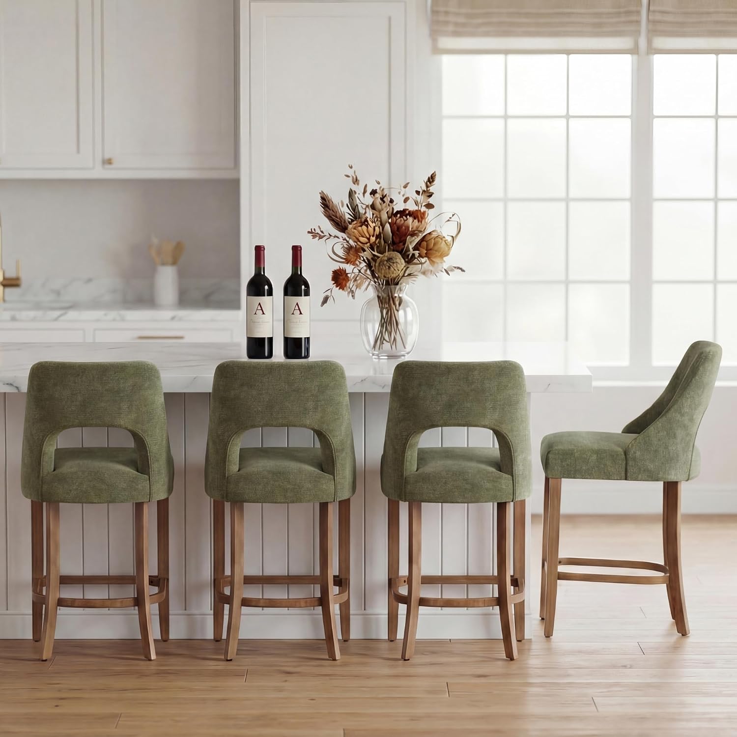 Four Green Wood Leg Upholstered Stools