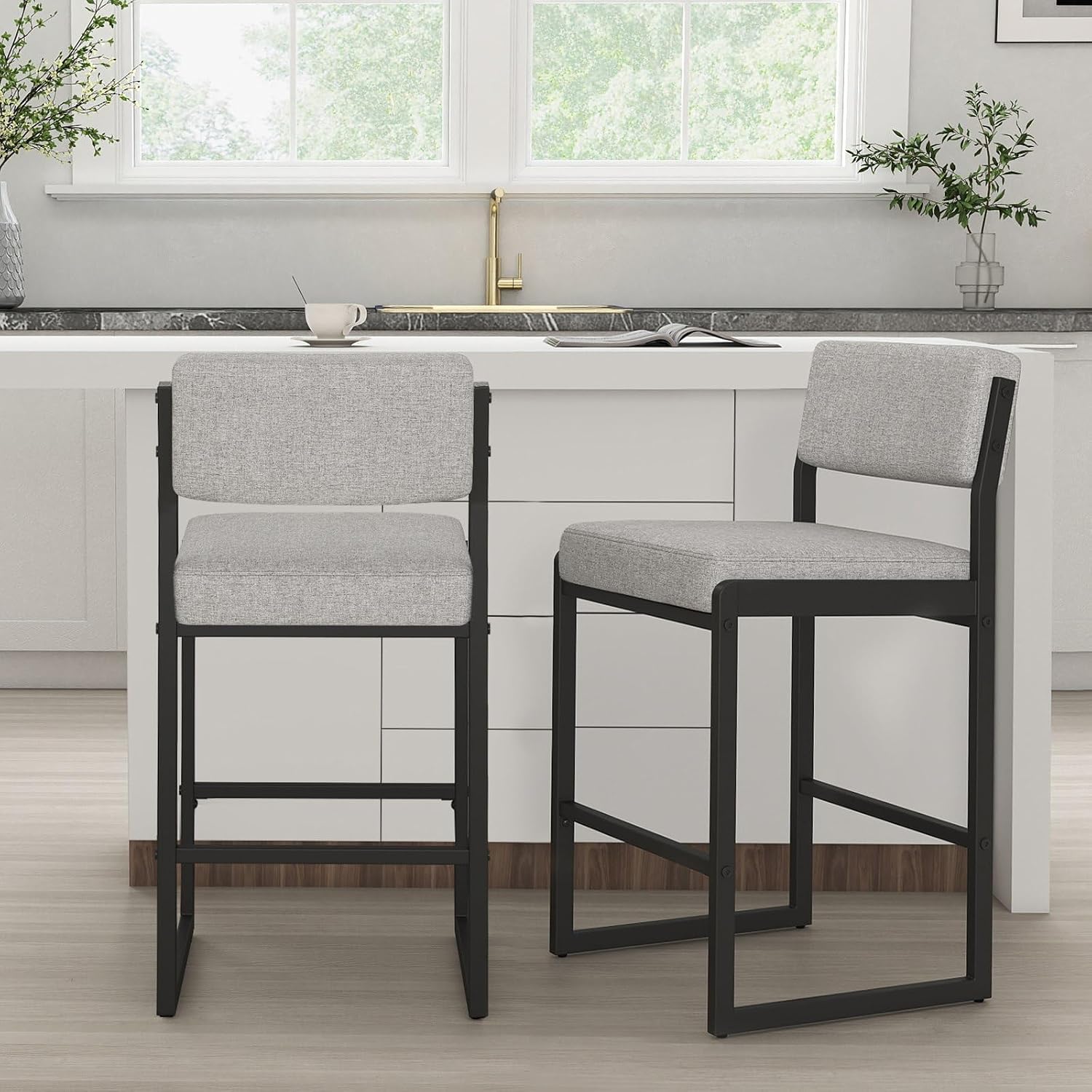 Two Light Grey Fabric Counter Bar Stools