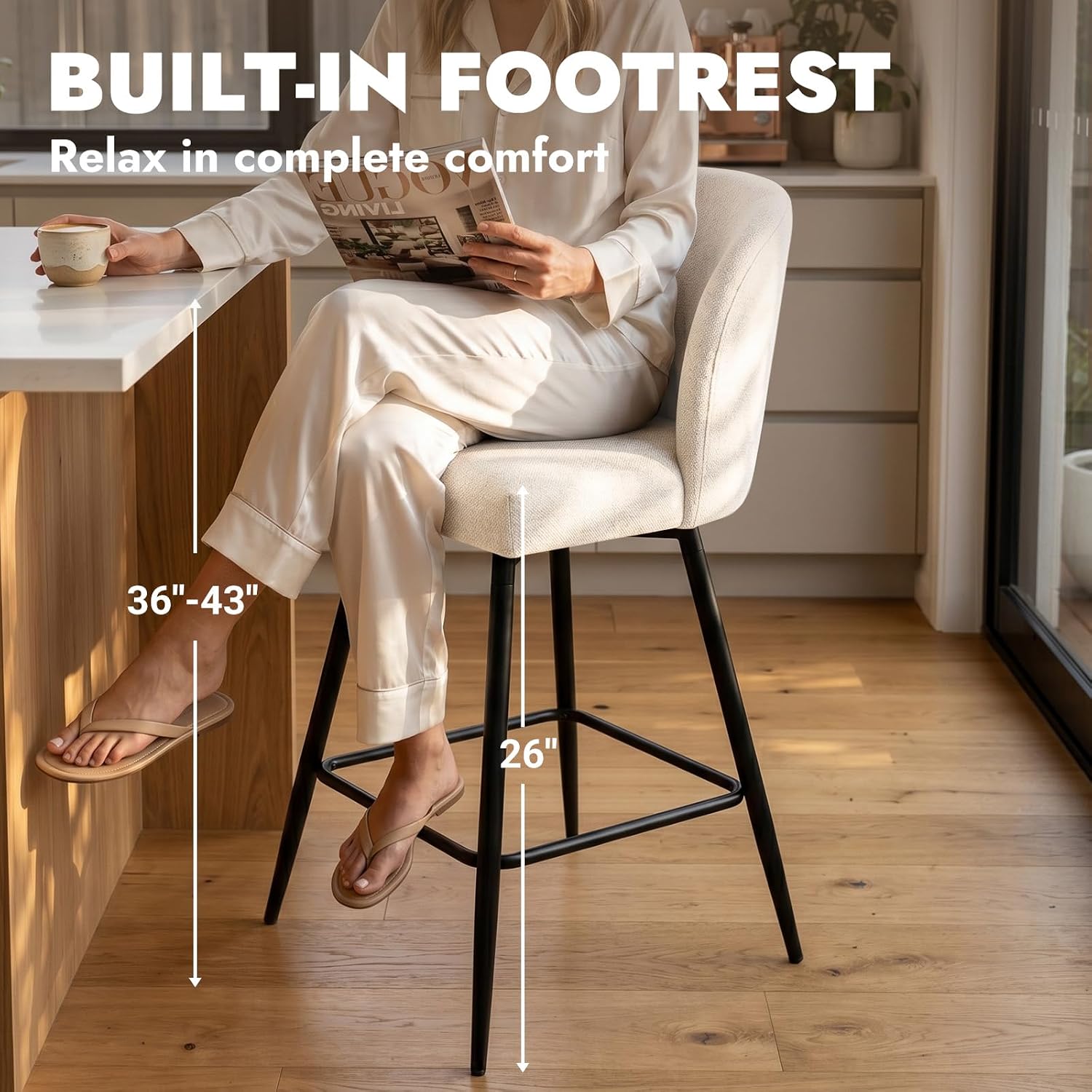 Two Beige Linen Swivel Counter Bar Stools