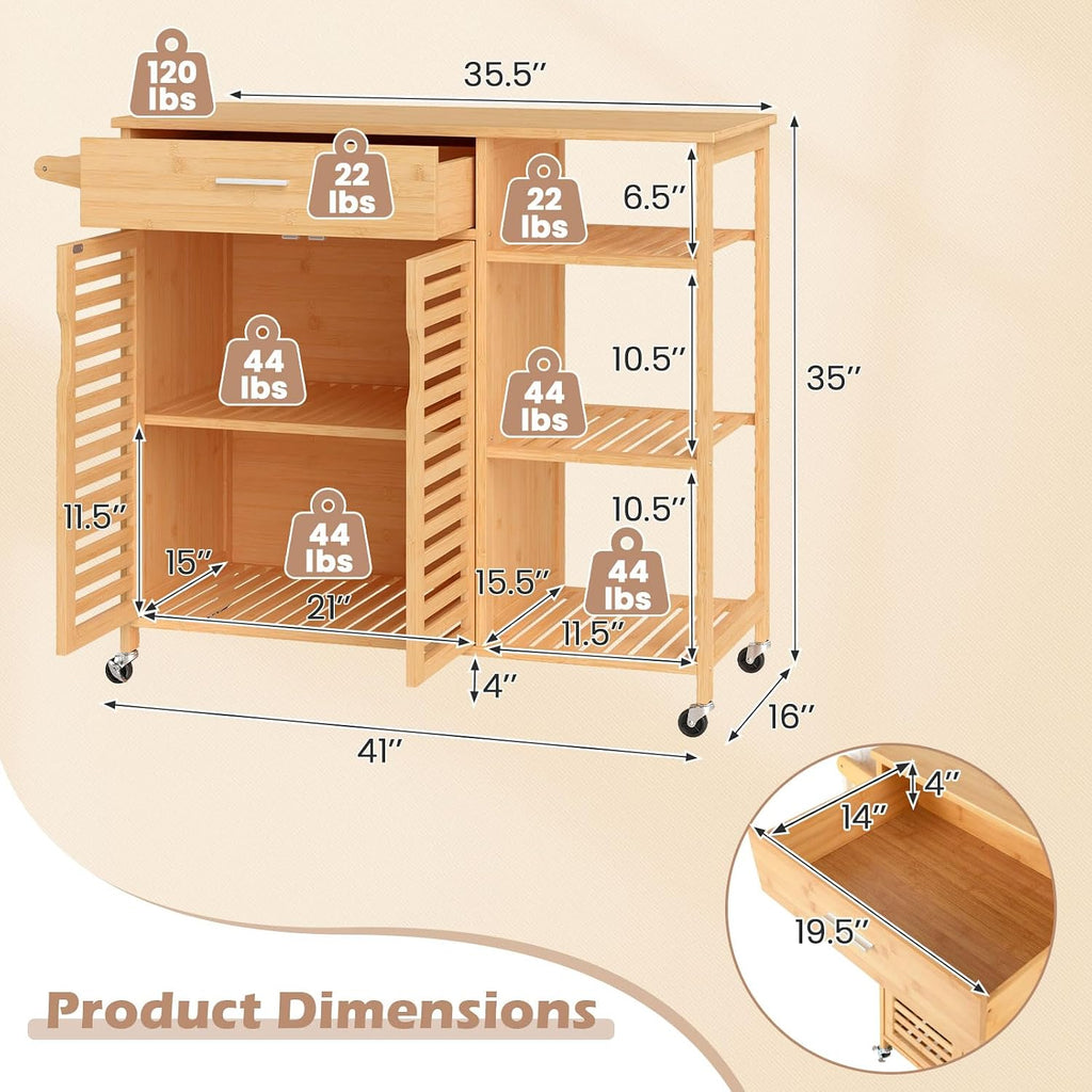 Bamboo Rolling Block Top Kitchen Cart