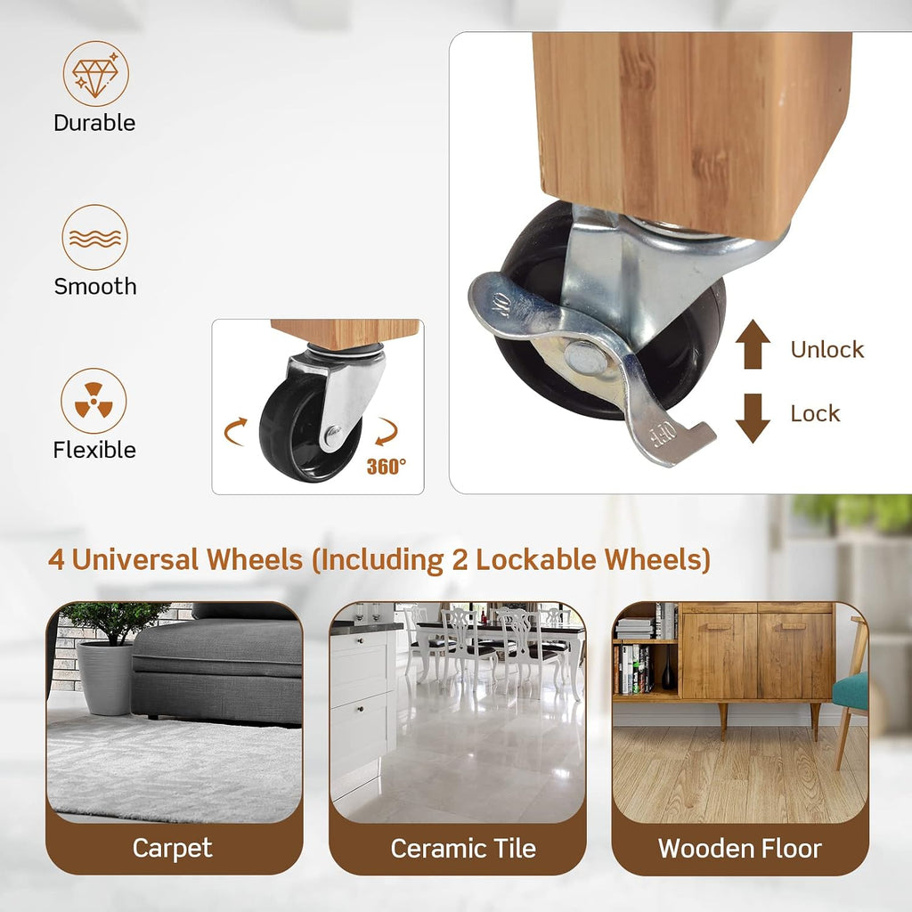 Bamboo Block Top Rolling Kitchen Cart