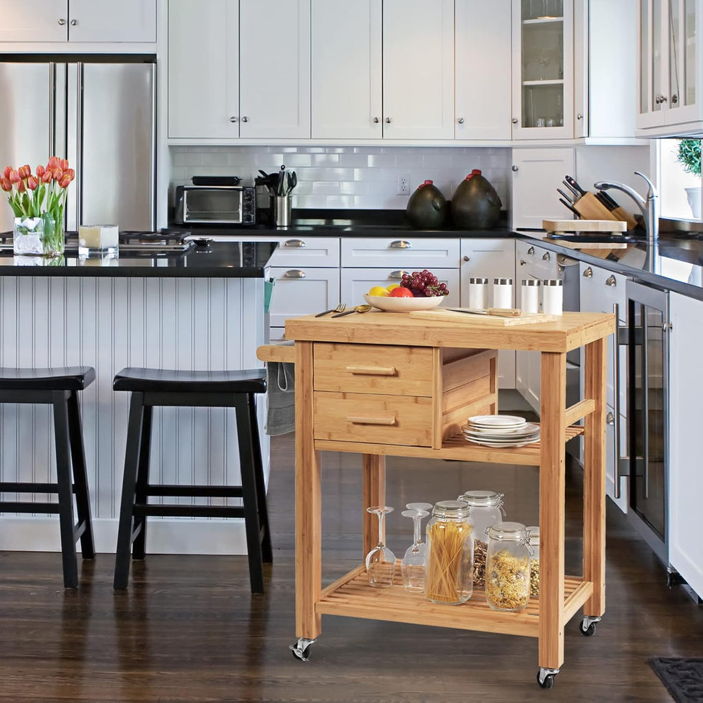 Bamboo Block Top Rolling Kitchen Cart
