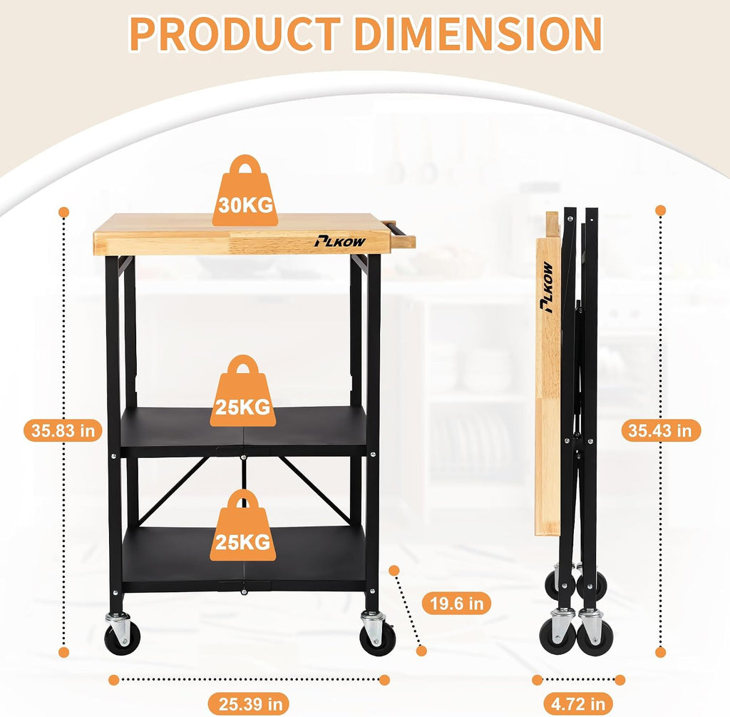 Black Oak Top Foldable Rolling Cart