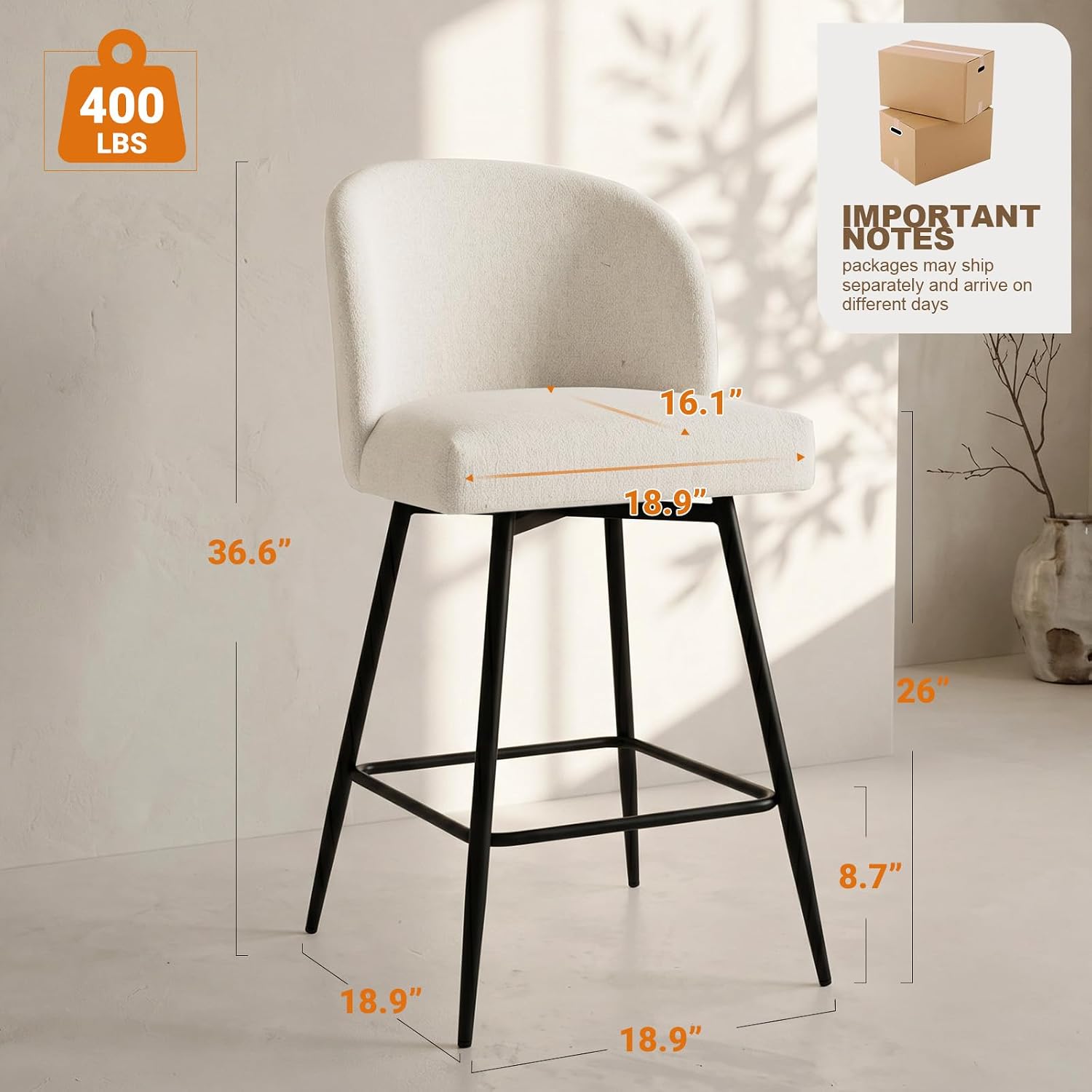 Two Beige Linen Swivel Counter Bar Stools