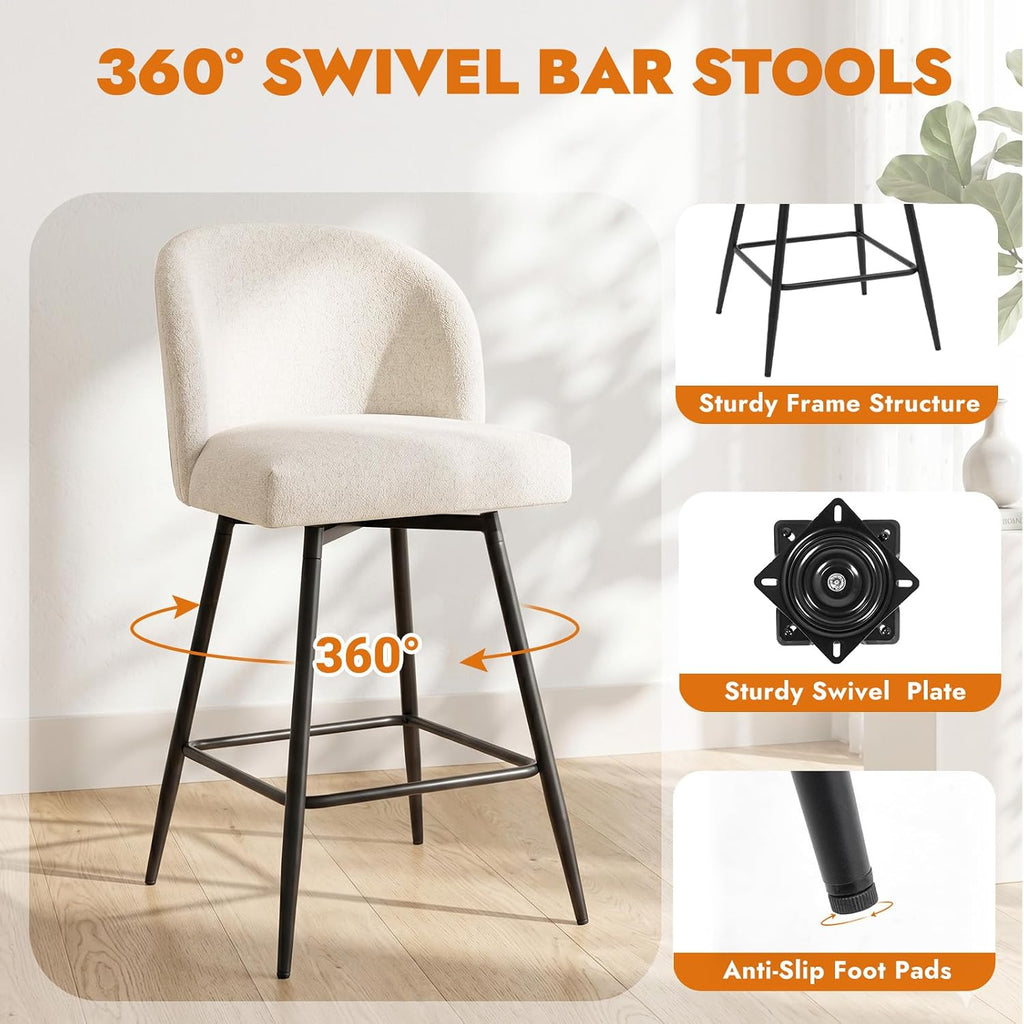 Two Beige Linen Swivel Counter Bar Stools