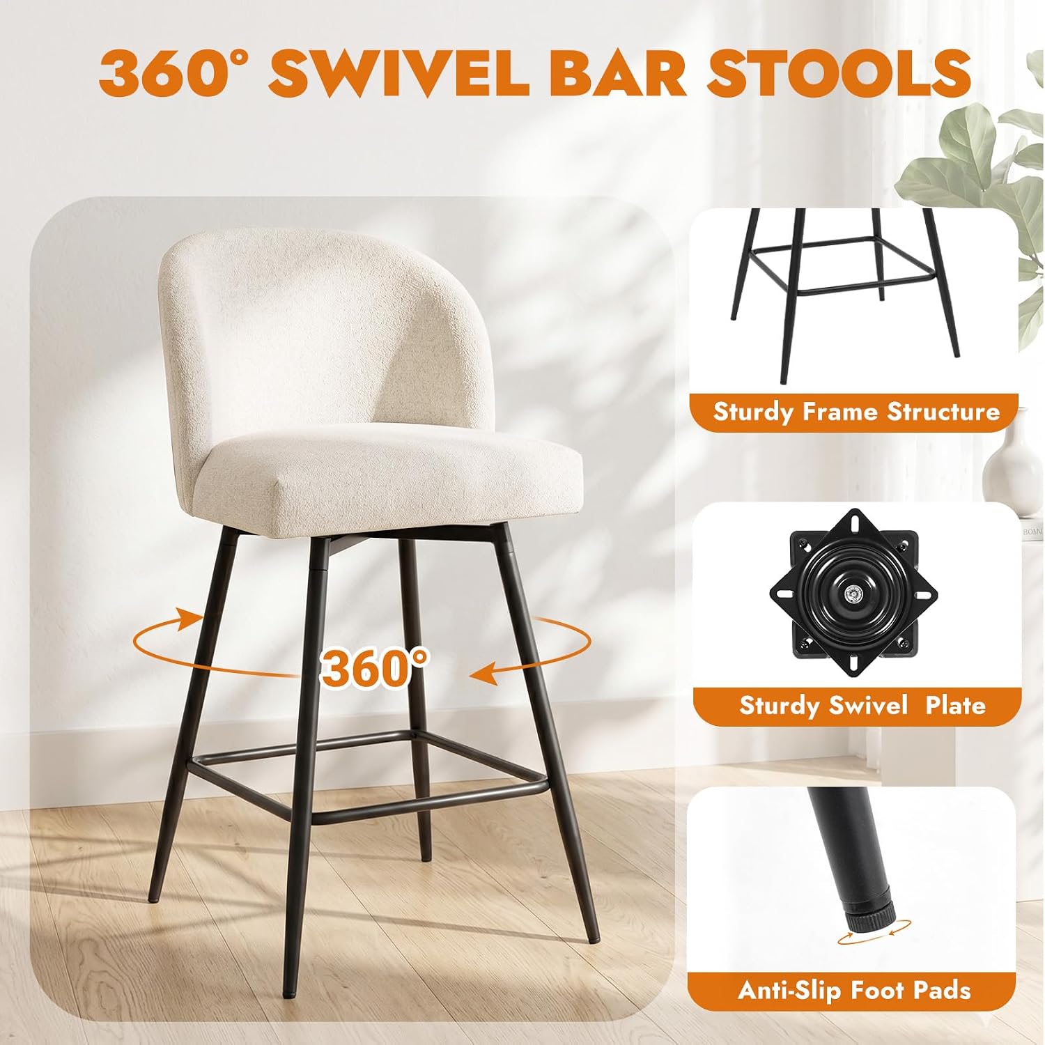 Two Beige Linen Swivel Counter Bar Stools