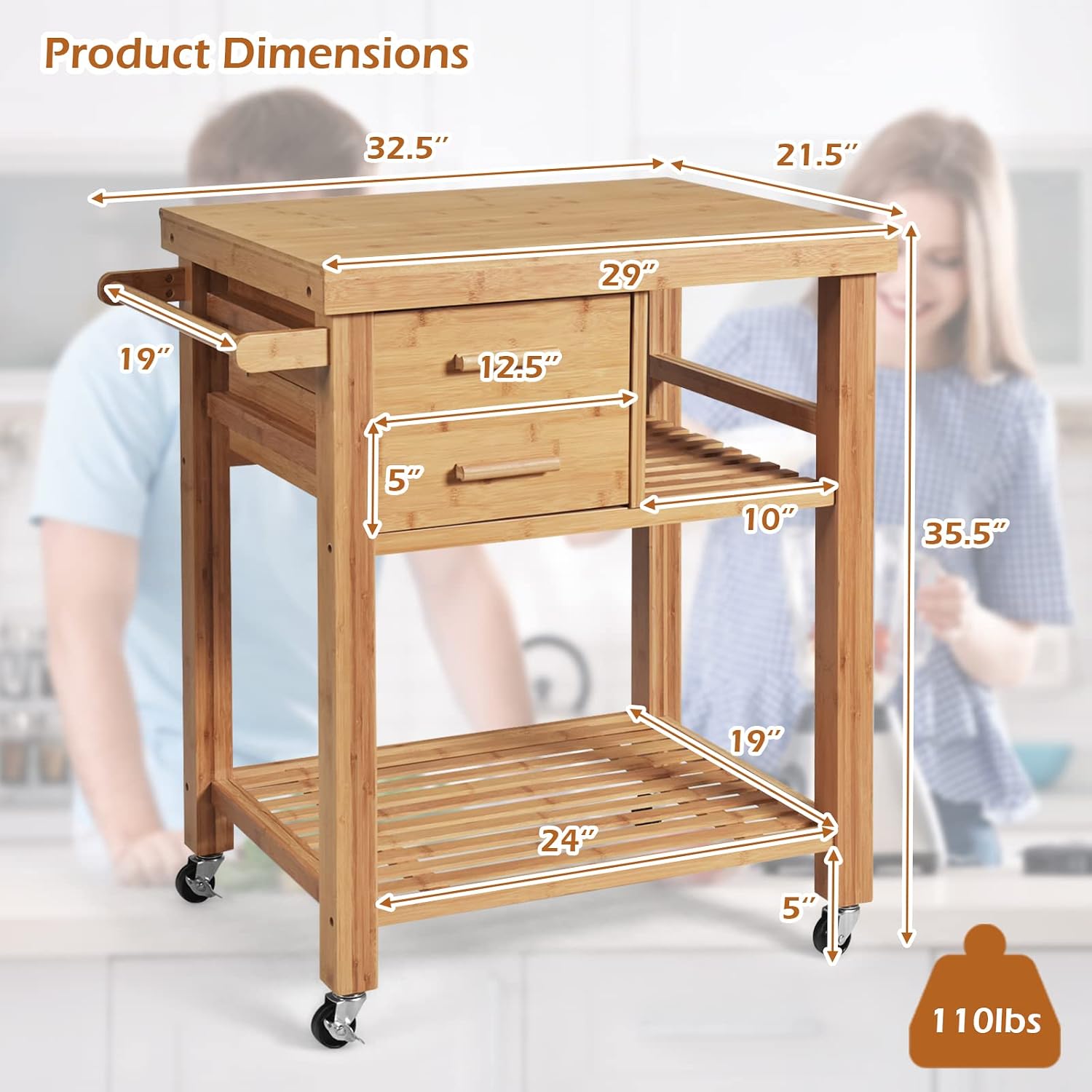 Bamboo Block Top Rolling Kitchen Cart
