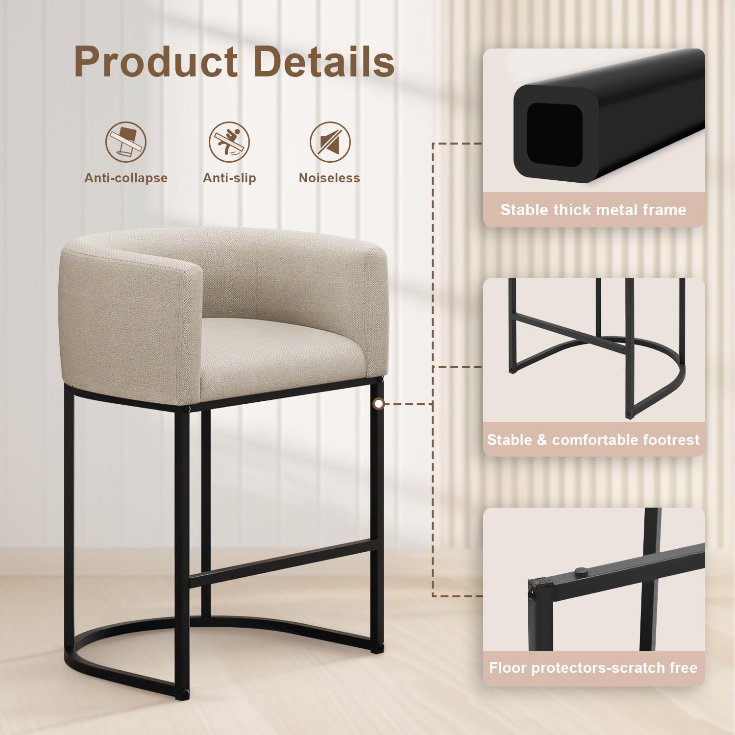 Three Beige Linen Barrel Counter Stools