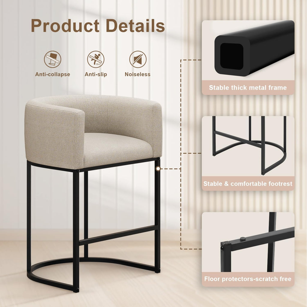 Two Beige Linen Barrel Counter Stools