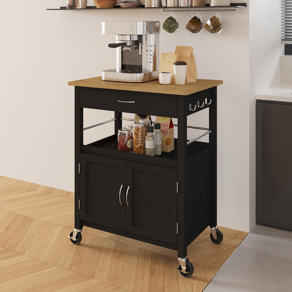 Black Base Bamboo Top Rolling Cart