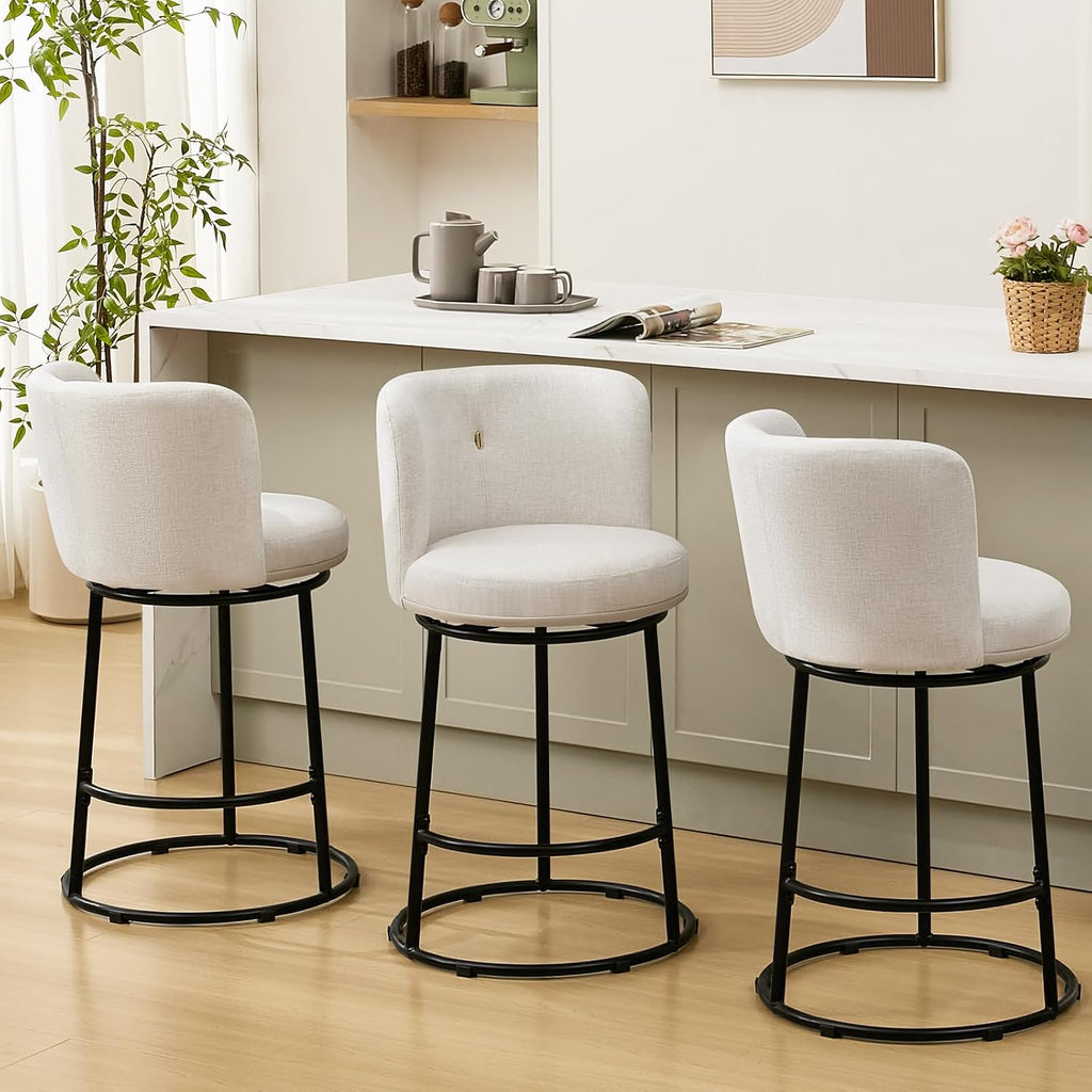 Three Beige Fabric Swivel Counter Stools