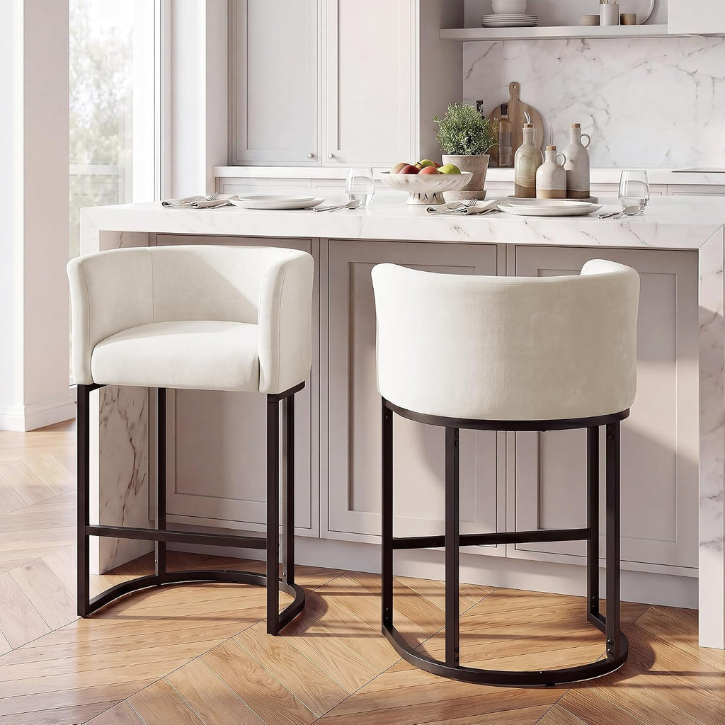 Two Off White Chenille Counter Bar Stools