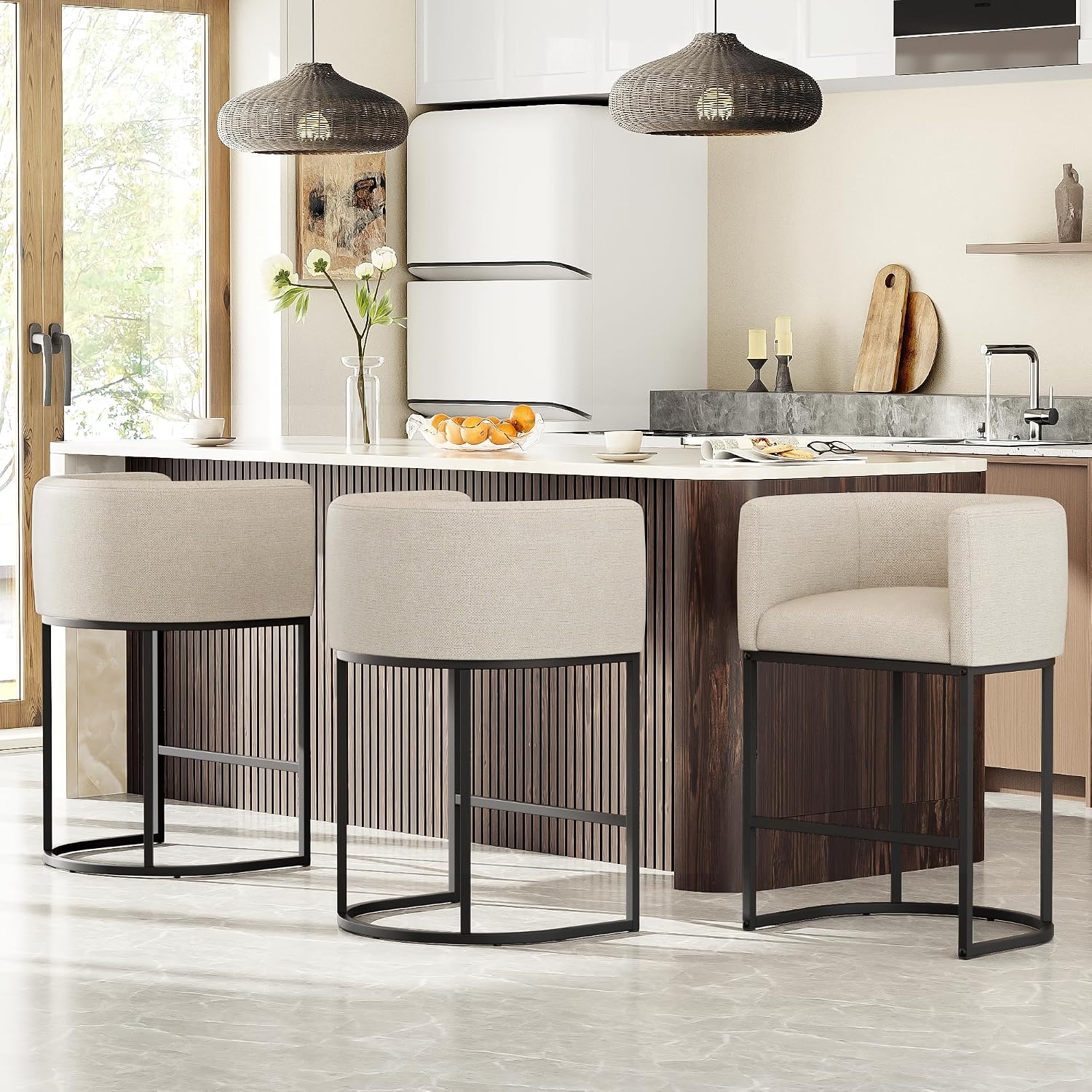 Three Beige Linen Barrel Counter Stools