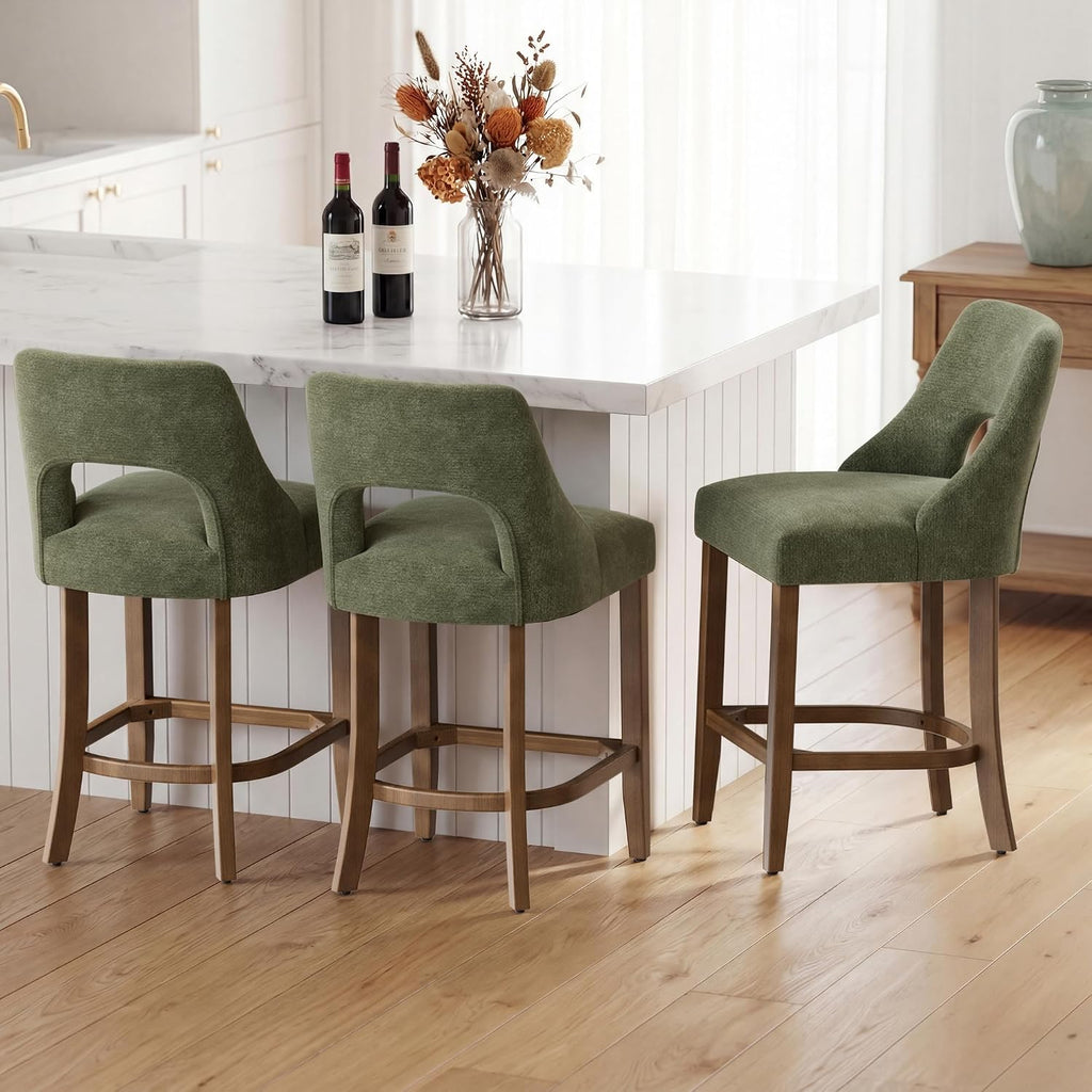 Four Green Wood Leg Upholstered Stools