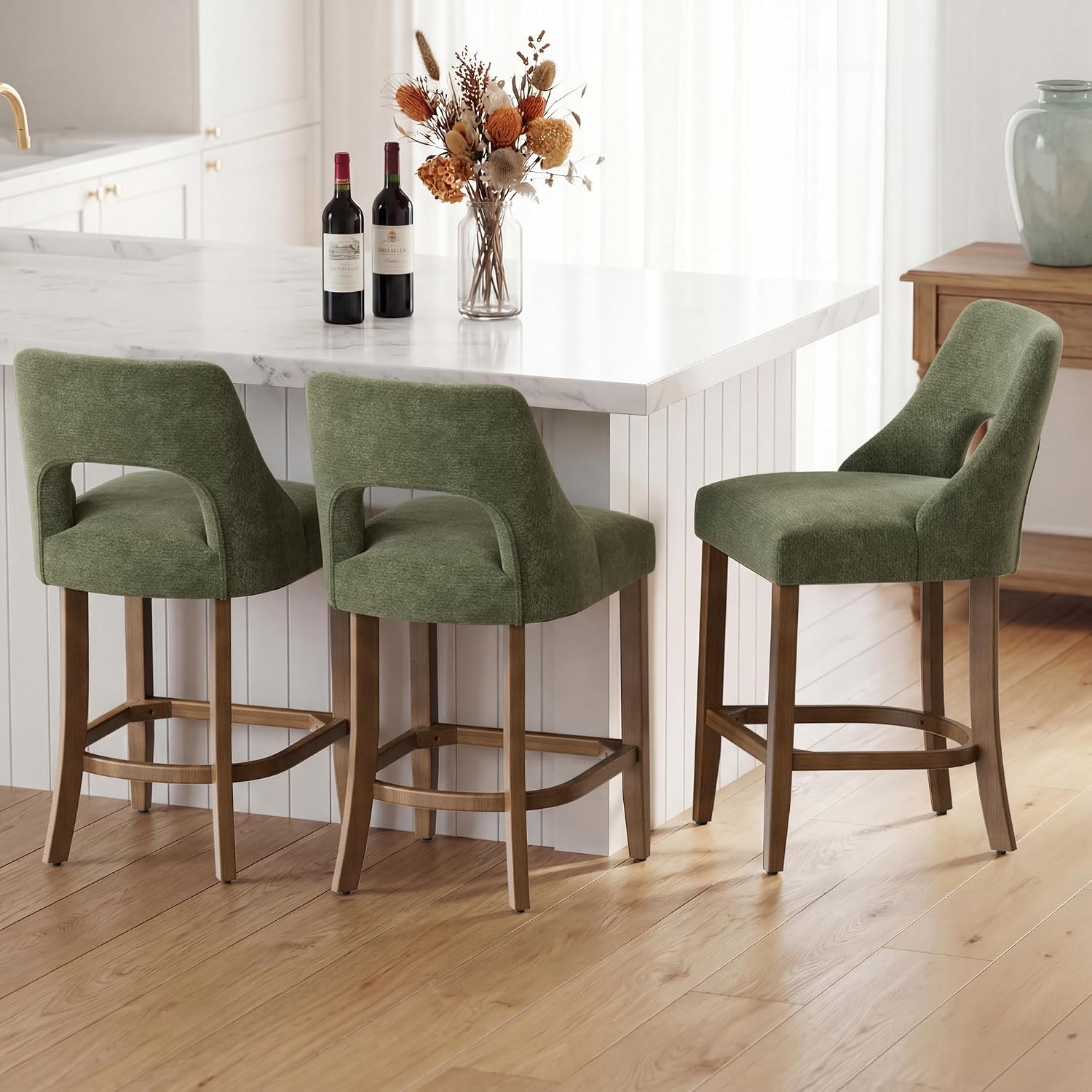 Four Green Wood Leg Upholstered Stools