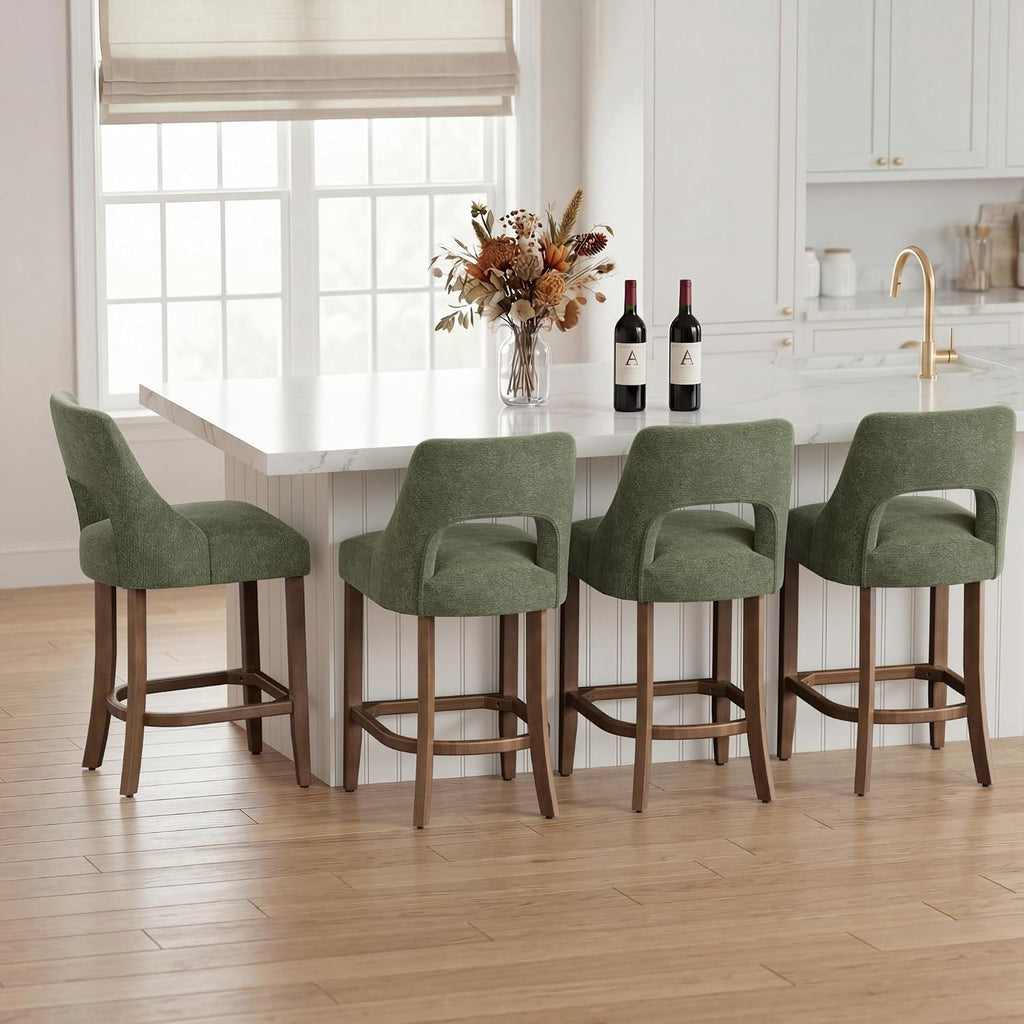 Four Green Wood Leg Upholstered Stools