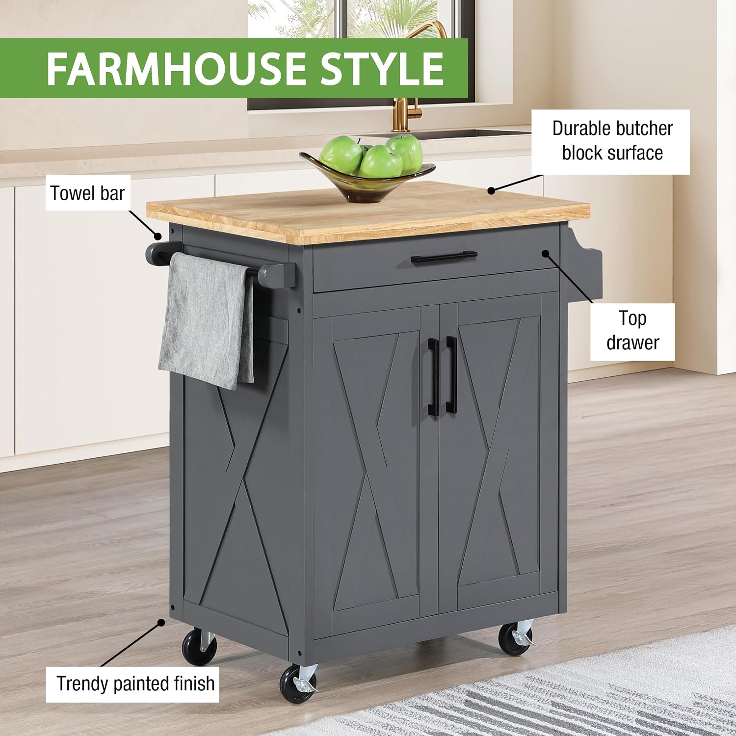 Grey Farmhouse Rolling Kitchen Cart