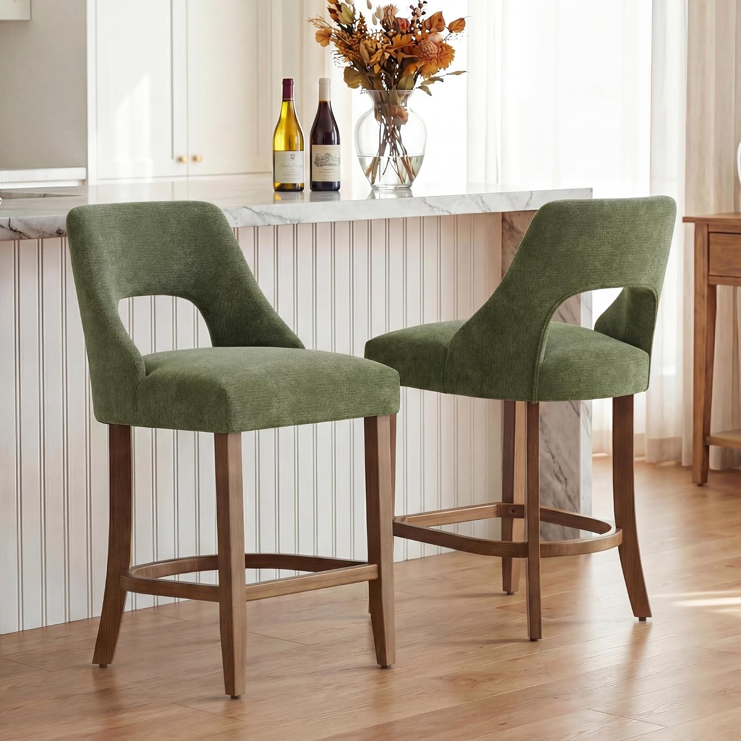 Four Green Wood Leg Upholstered Stools