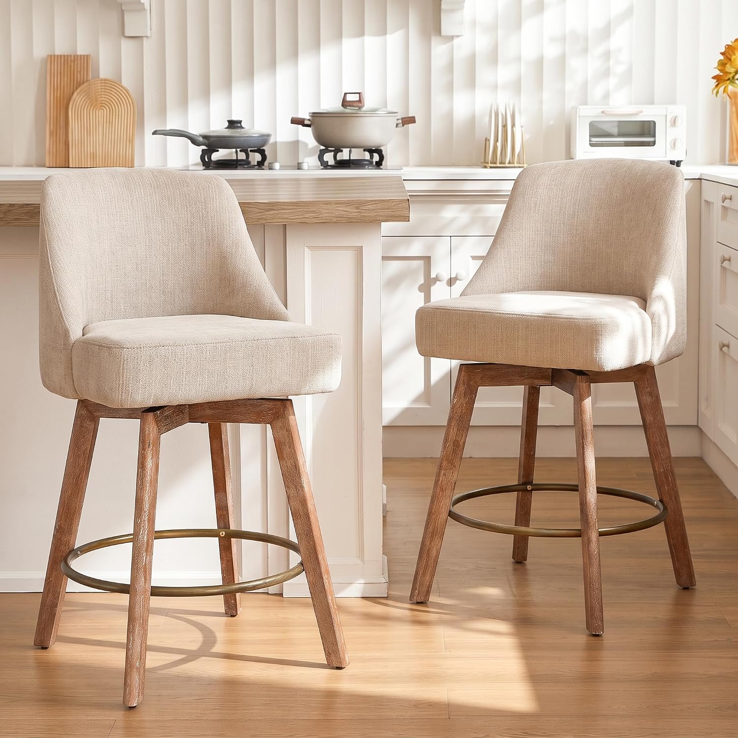 Two Sand Linen 360 Swivel Bar Stools