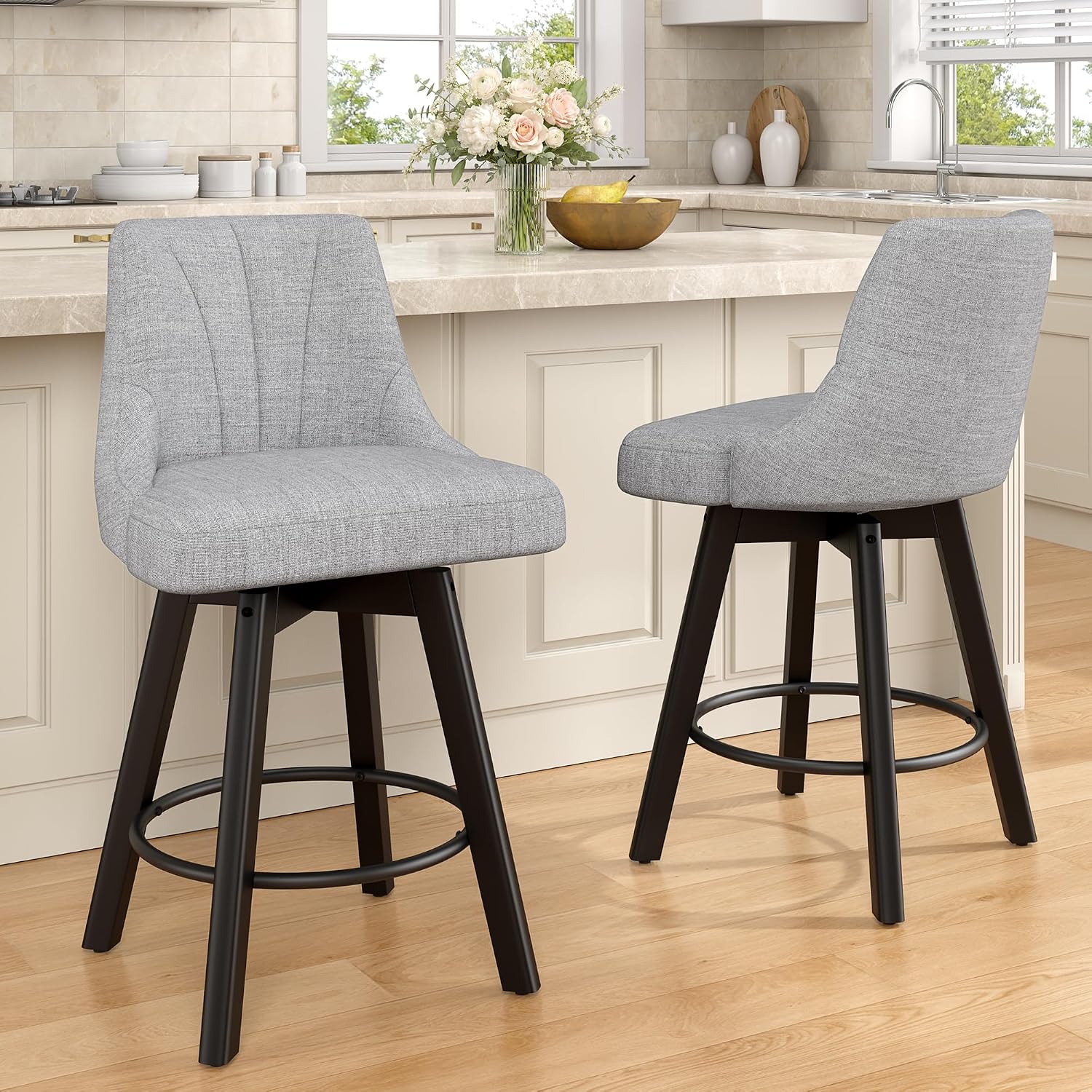 Four Gray Fabric Swivel Counter Stools